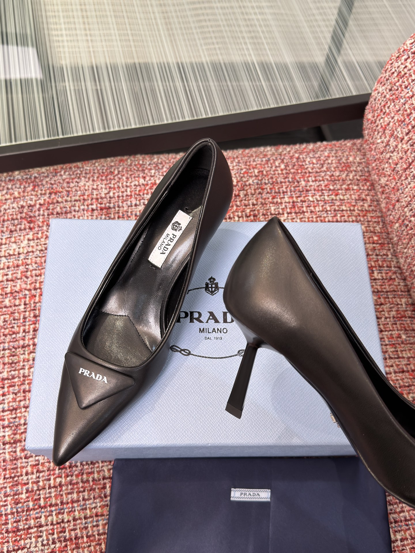 Prada Triangle Logo Pointed-Toe Stiletto Pumps