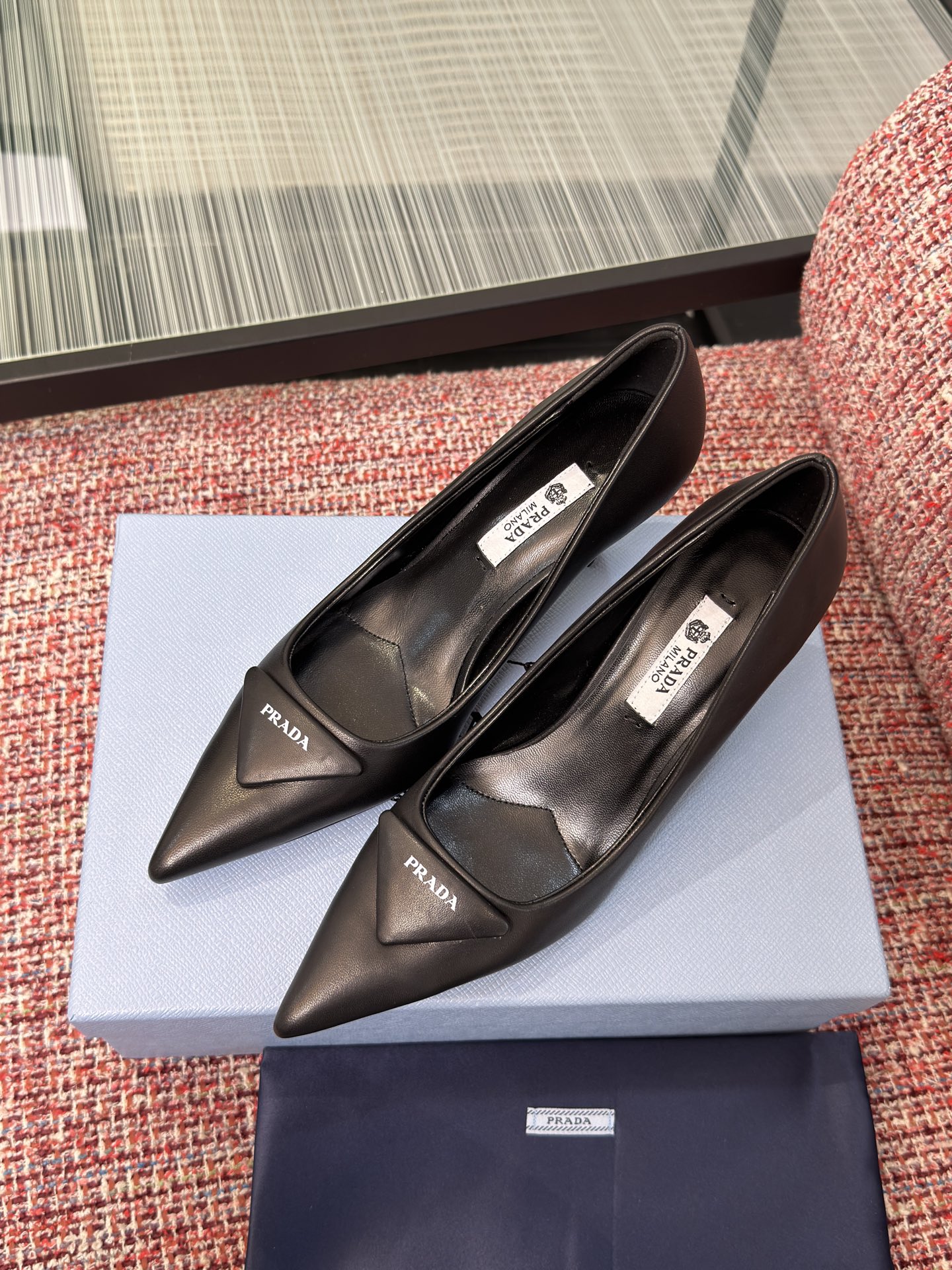 Prada Triangle Logo Pointed-Toe Stiletto Pumps