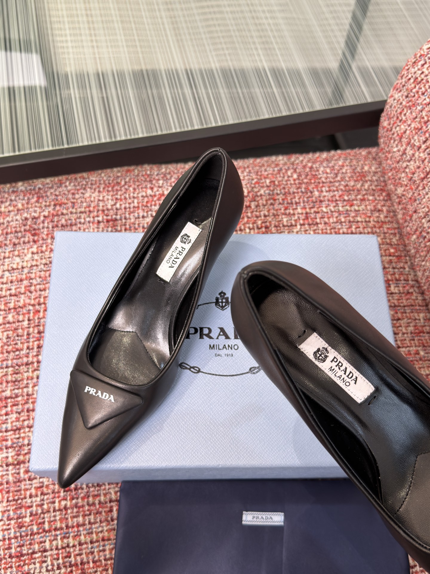 Prada Triangle Logo Pointed-Toe Stiletto Pumps
