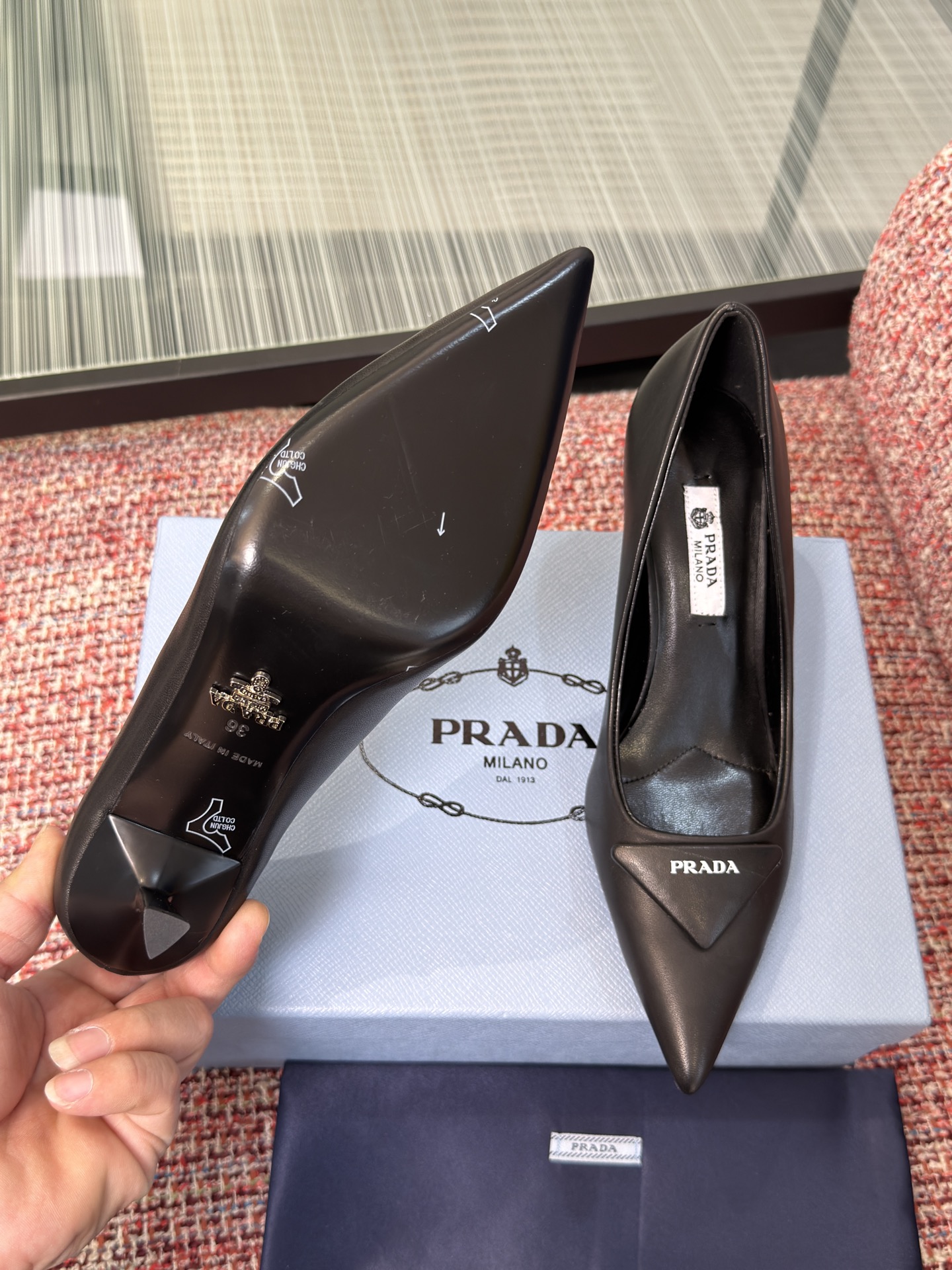 Prada Triangle Logo Pointed-Toe Stiletto Pumps
