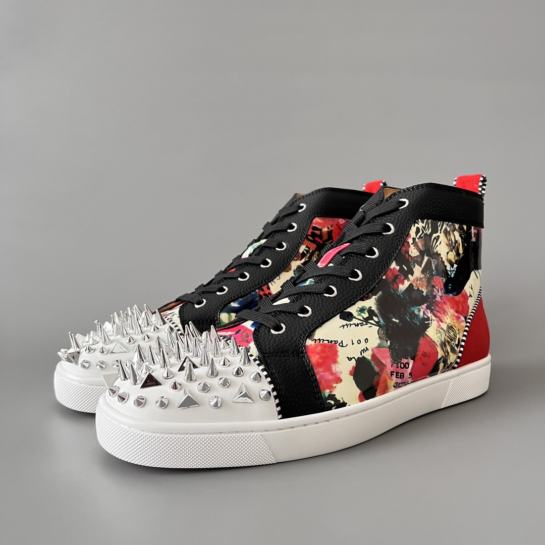Christian Louboutin Skateboard Shoes Black Red Cowhide High Tops