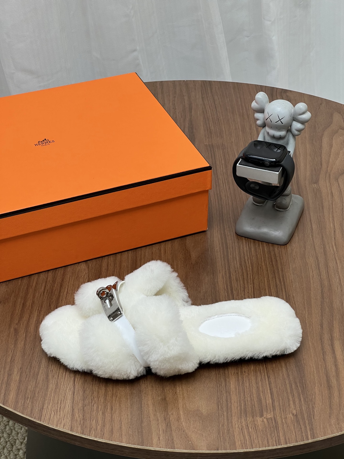 Hermes White Fuzzy Buckle Slide Sandals