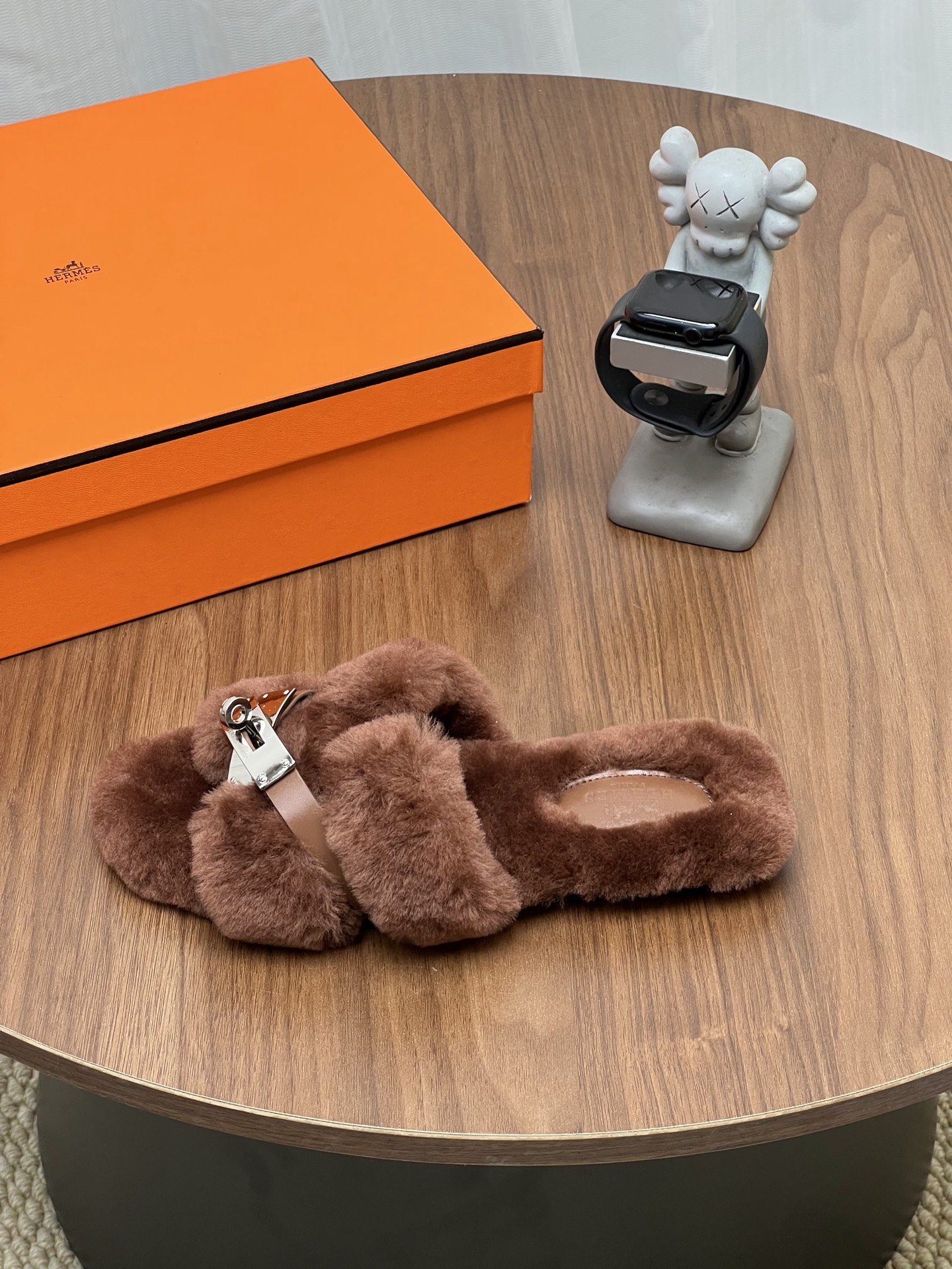 Hermes Brown Fuzzy Buckle Slide Sandals