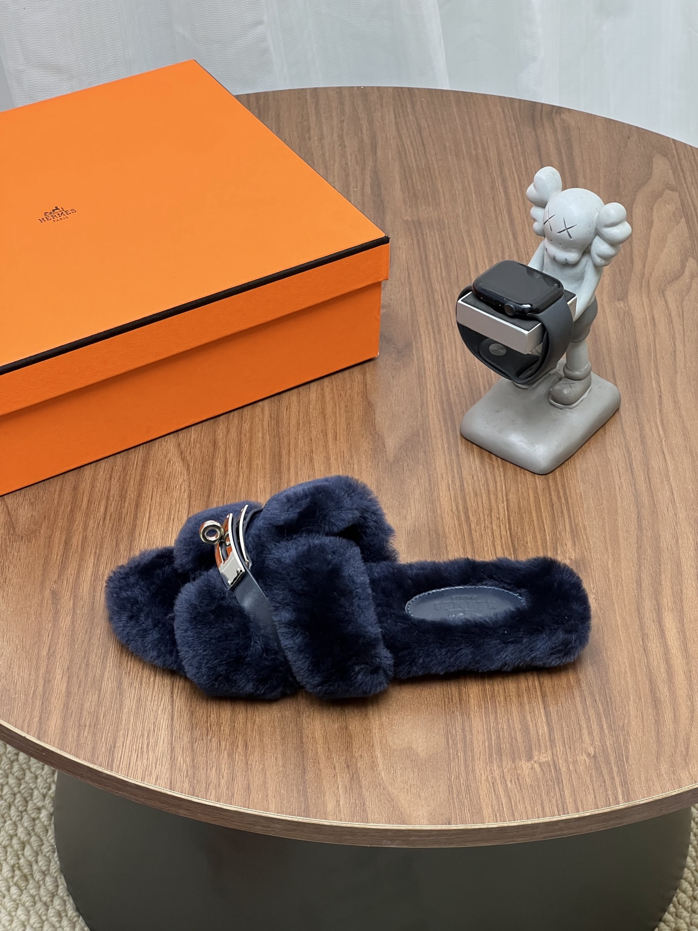 Hermes Navy Fuzzy Buckle Slide Sandals