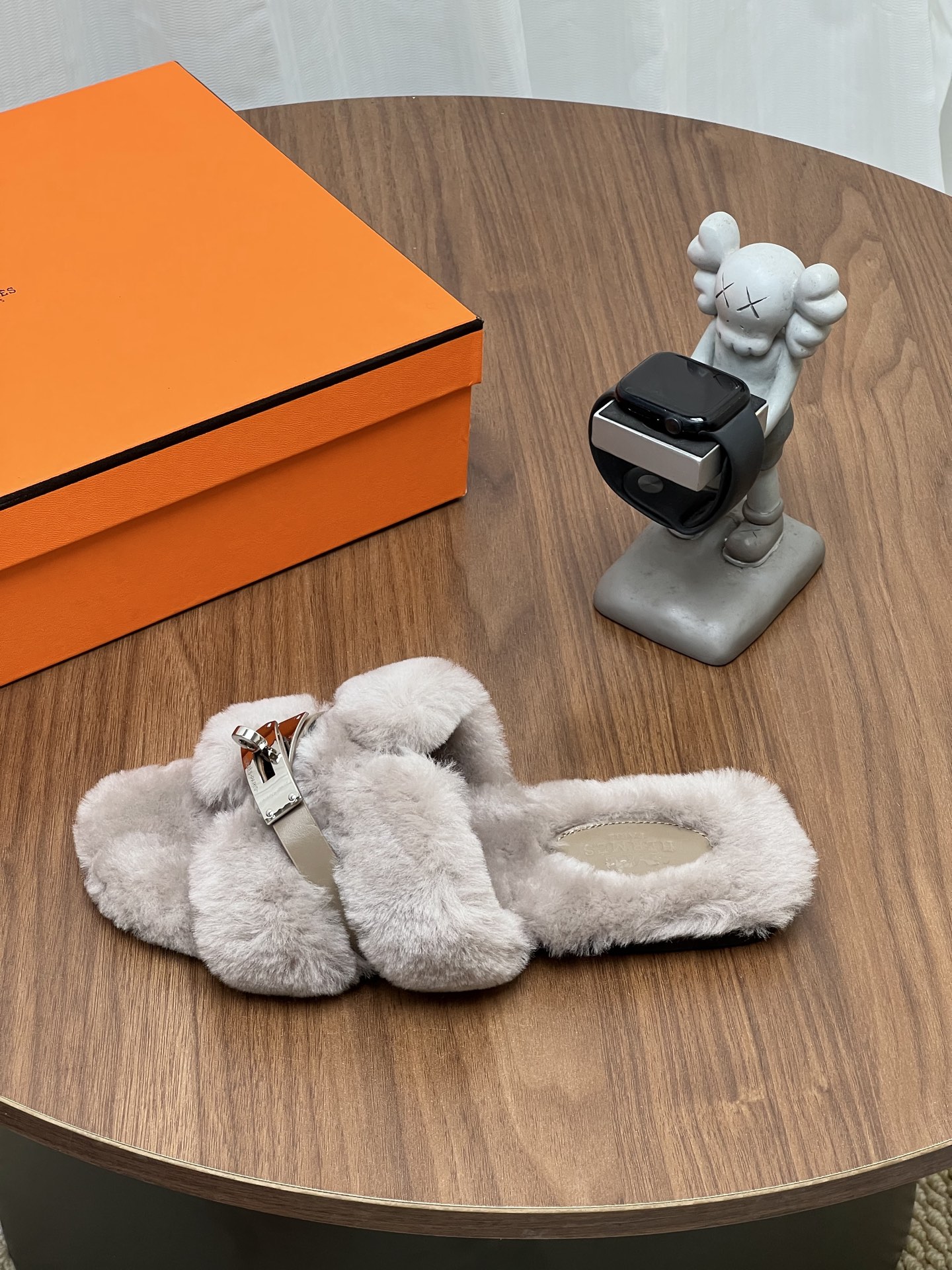 Hermes Gray Fuzzy Buckle Slide Sandals