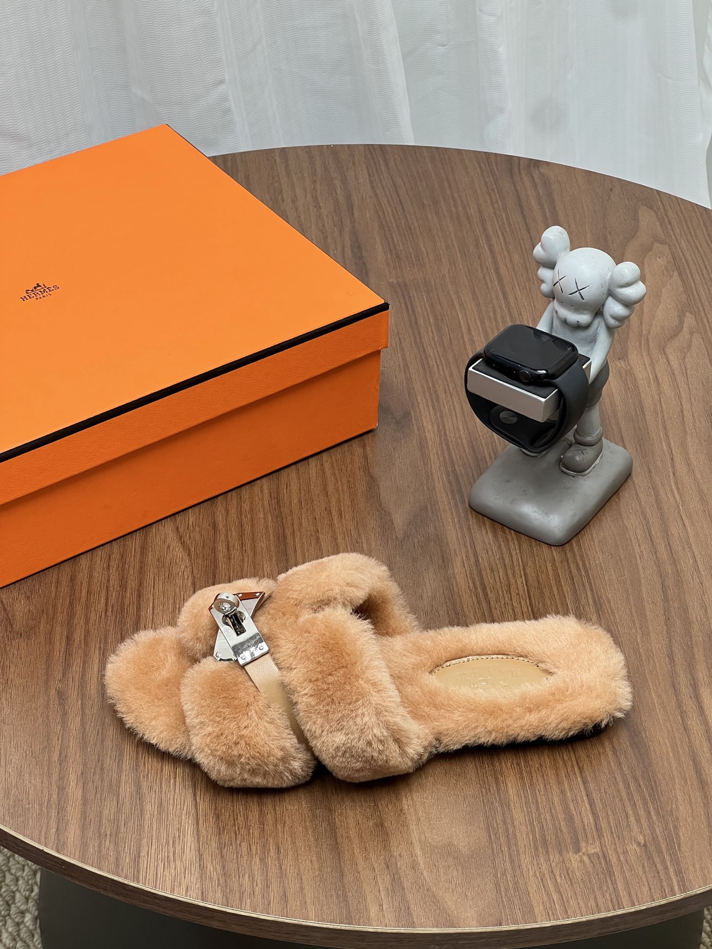 Hermes Beige Fuzzy Buckle Slide Sandals