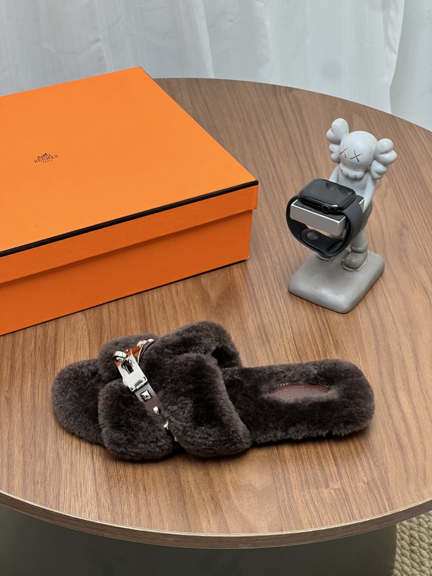 Hermes Black Fuzzy Buckle Slide Sandals