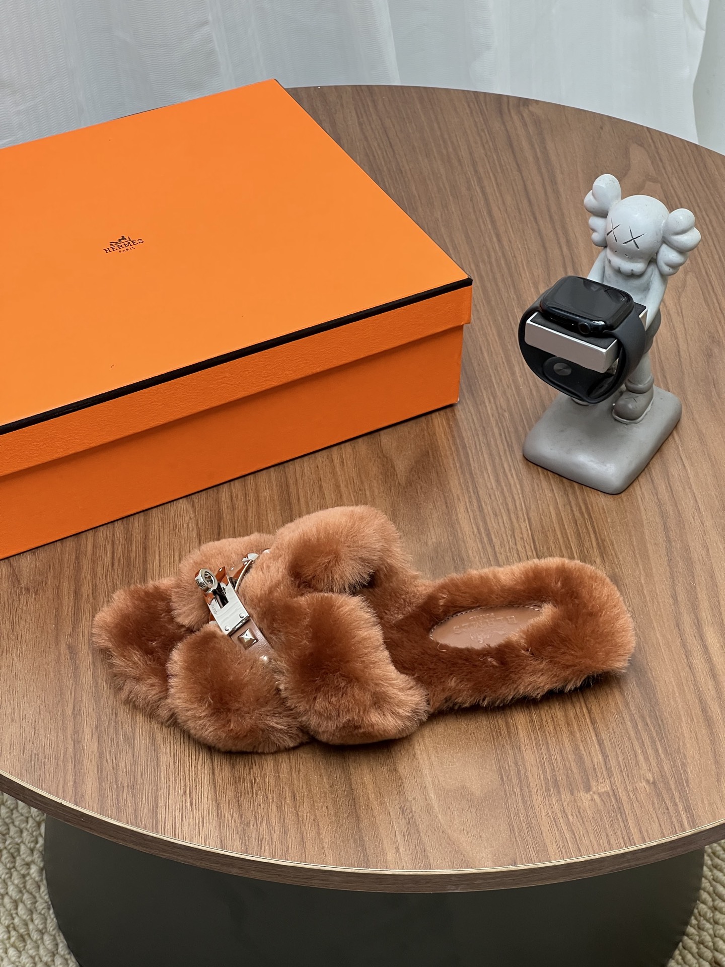 Hermes Tan Fuzzy Buckle Slide Sandals