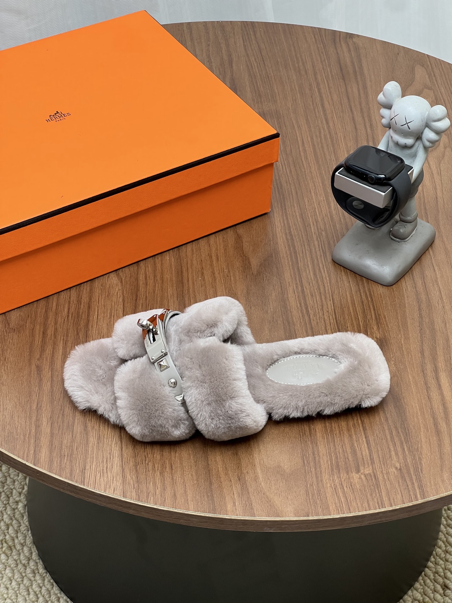 Hermes Gray Fuzzy Buckle Slide Sandals
