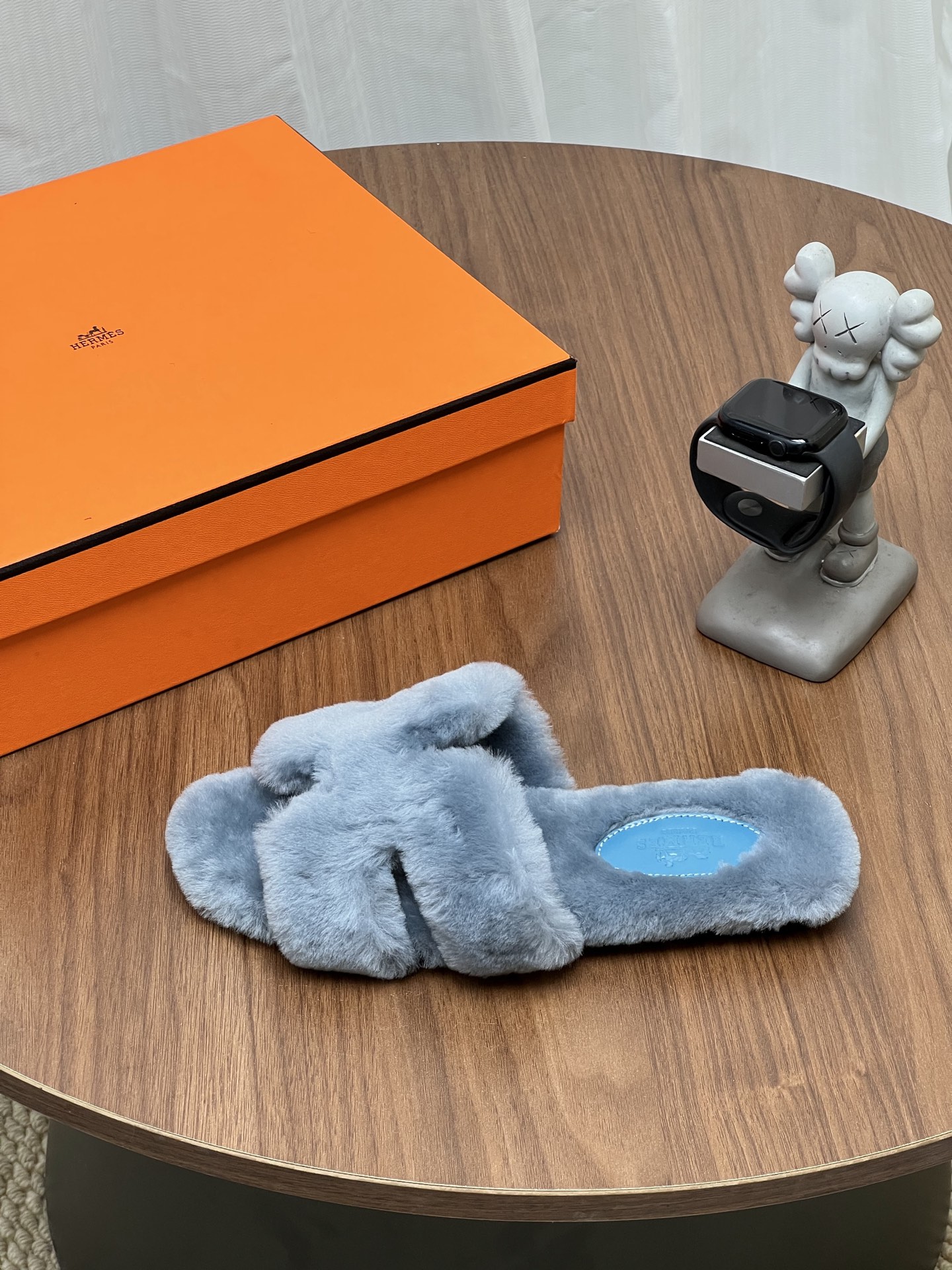 Hermes Blue Fuzzy H Slide Sandals