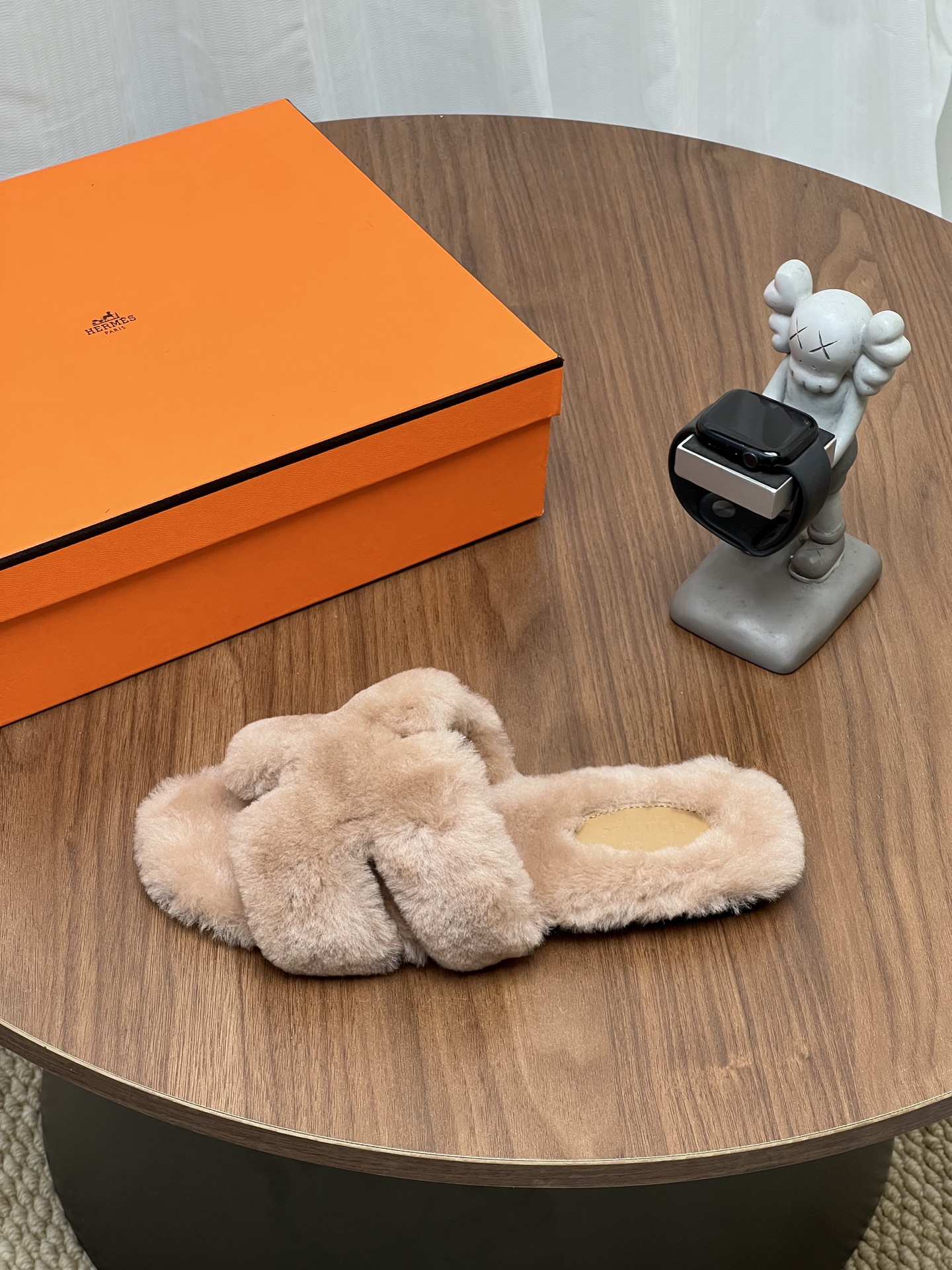 Hermes Beige Fuzzy H Slide Sandals