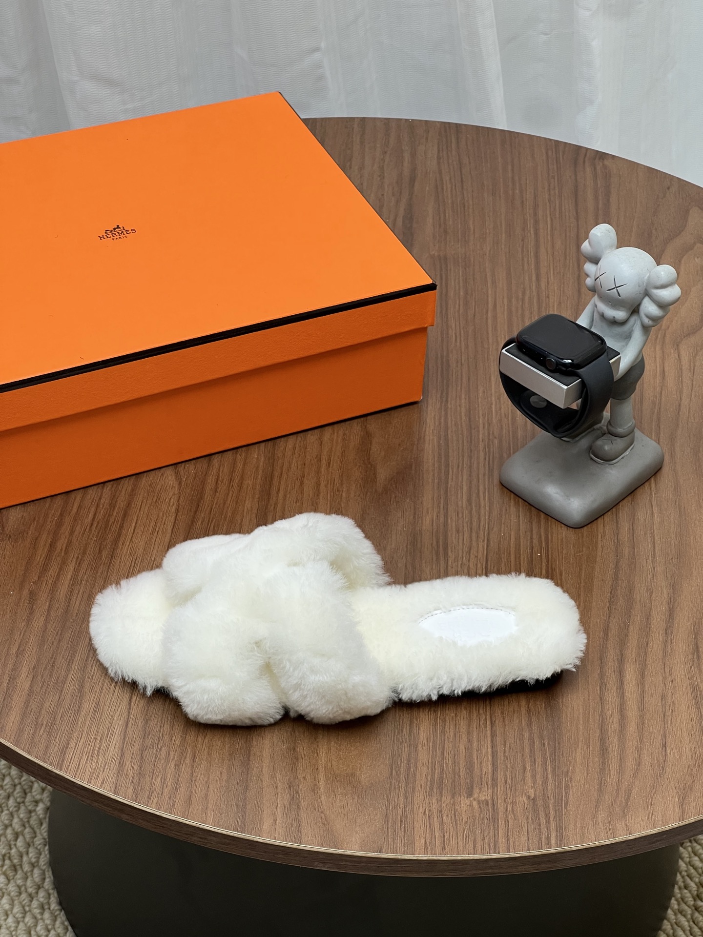 Hermes White Fuzzy H Slide Sandals
