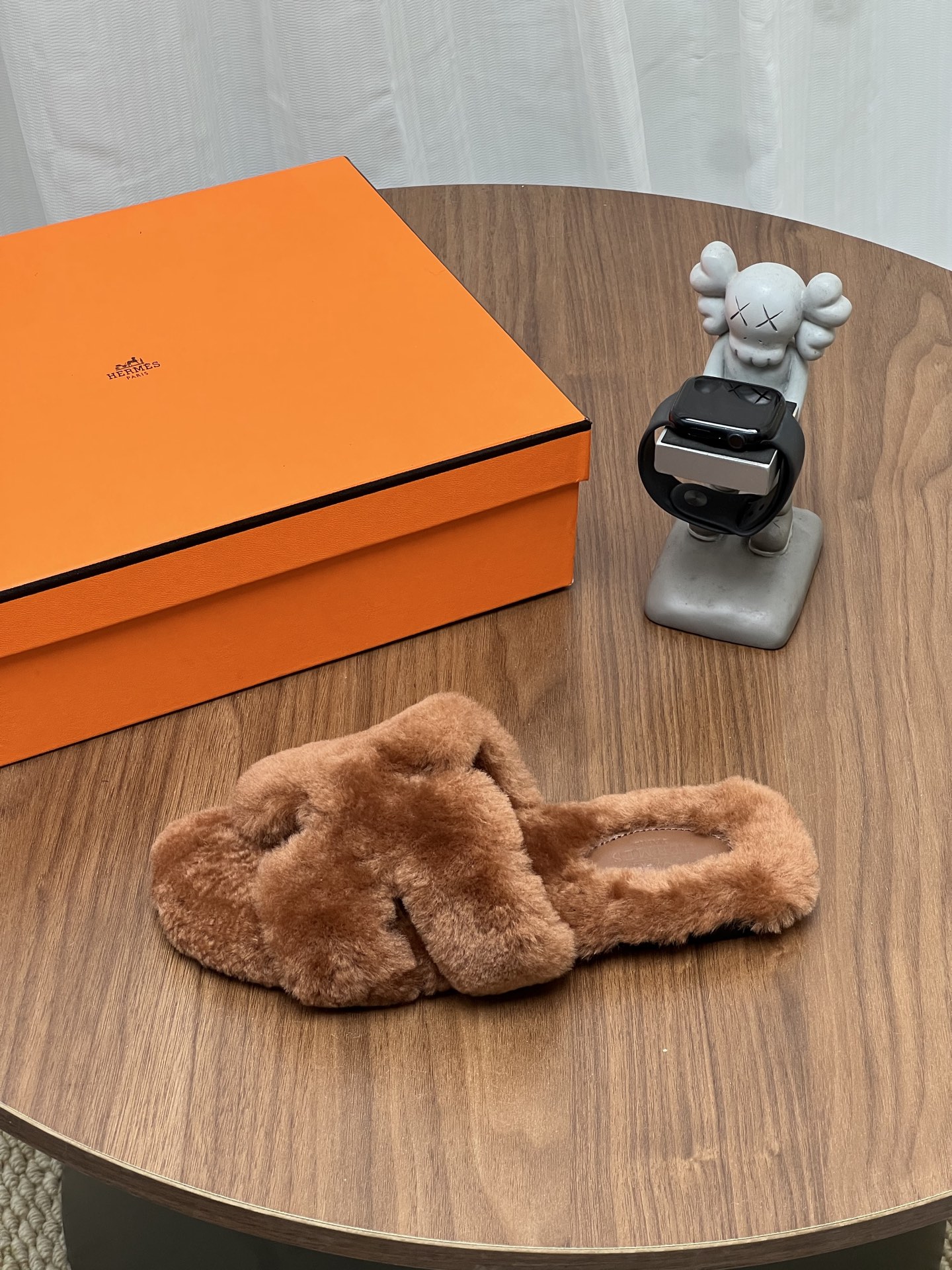 Hermes Tan Fuzzy H Slide Sandals
