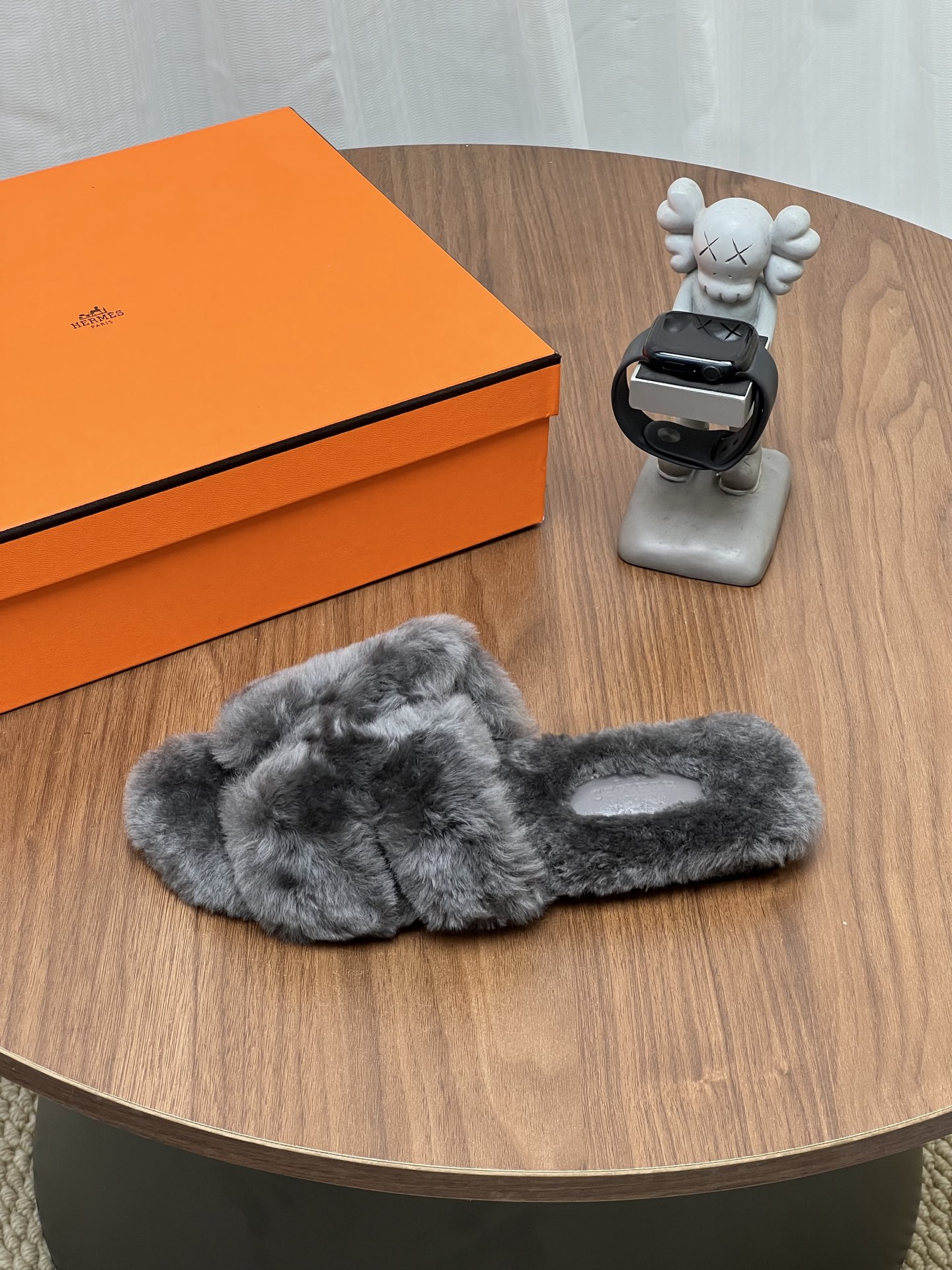 Hermes Gray Fuzzy H Slide Sandals