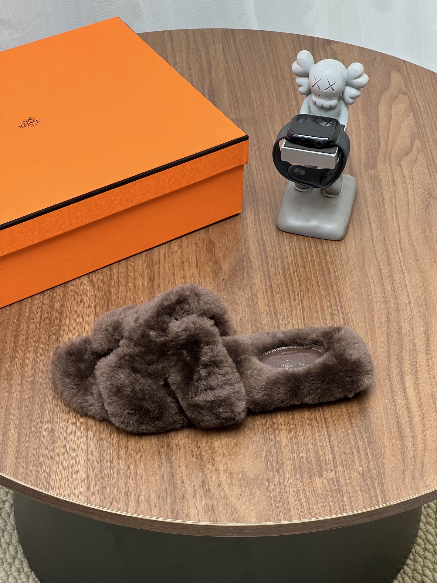 Hermes Brown Fuzzy H Slide Sandals
