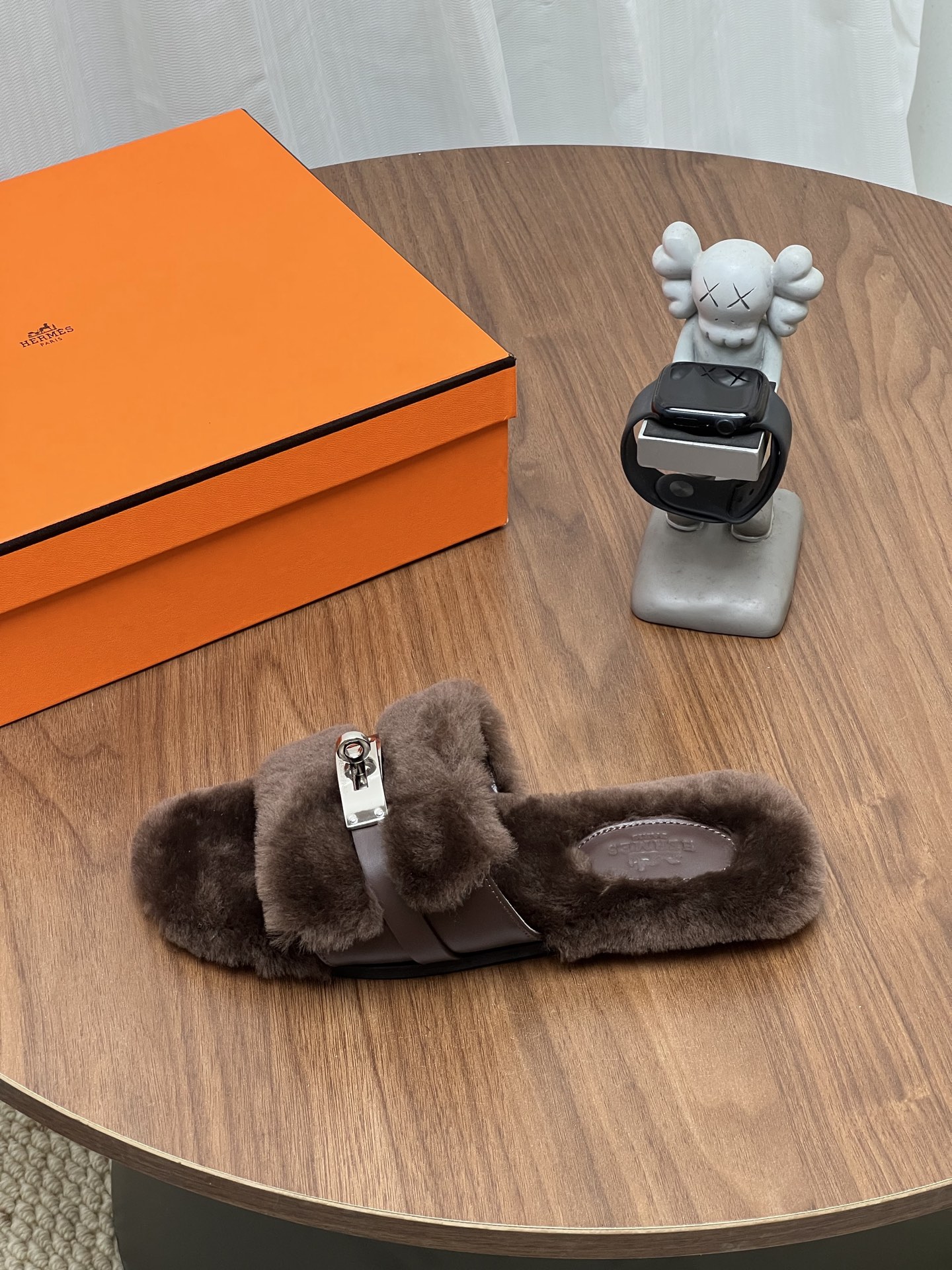 Hermes Brown Fuzzy Buckle Slide Sandals