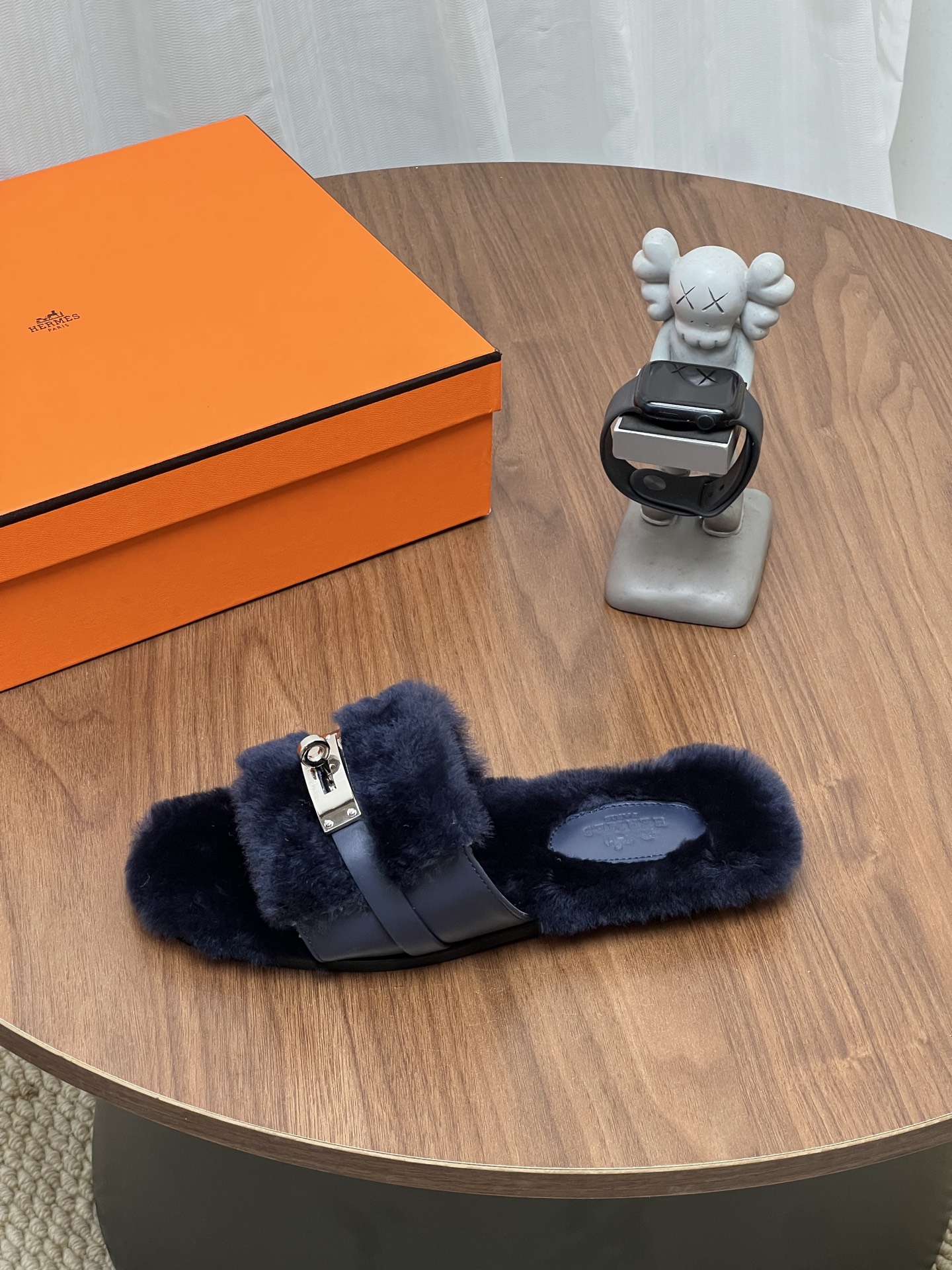 Hermes Navy Fuzzy Buckle Slide Sandals