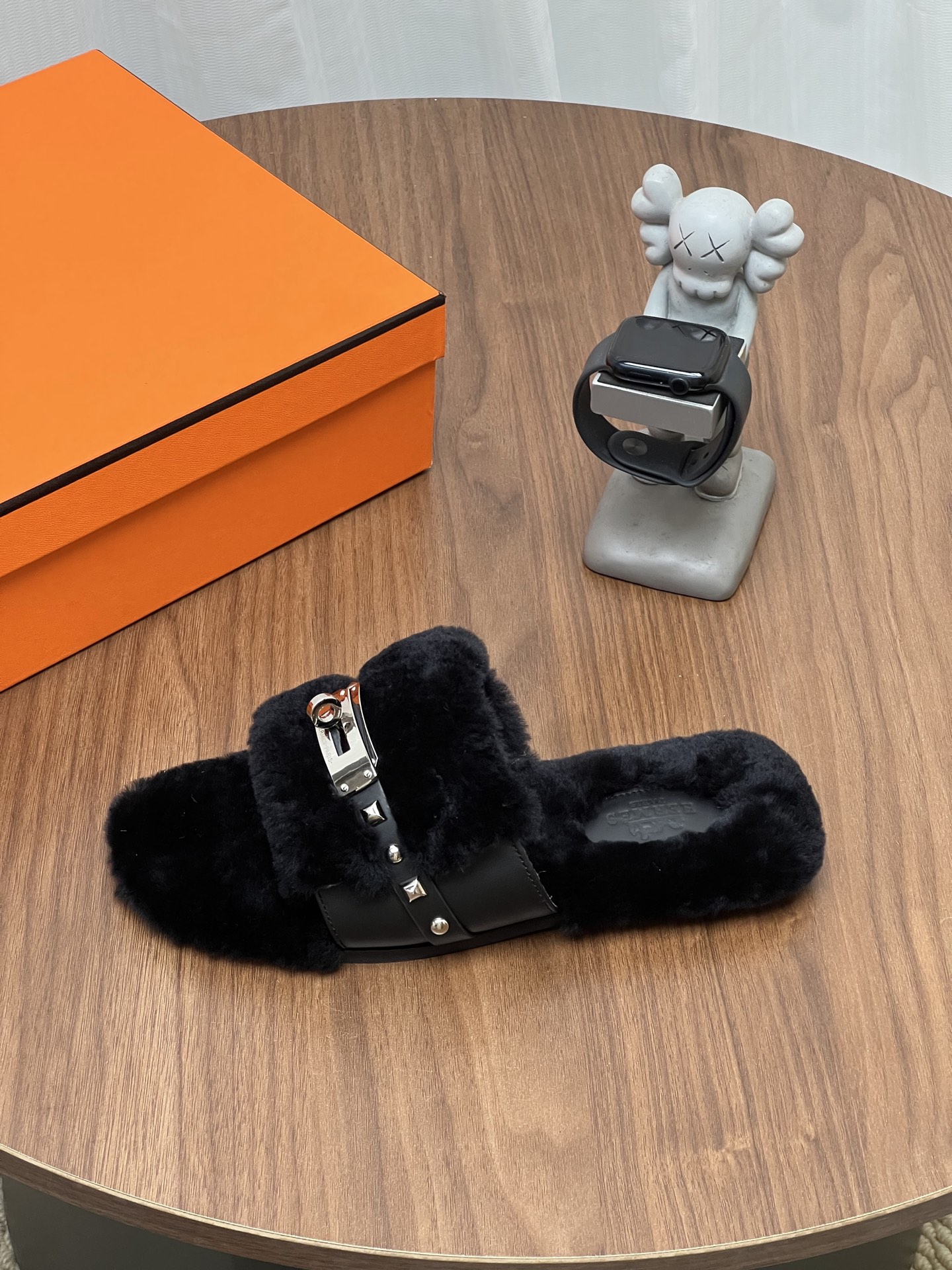Hermes Black Fuzzy Buckle Slide Sandals