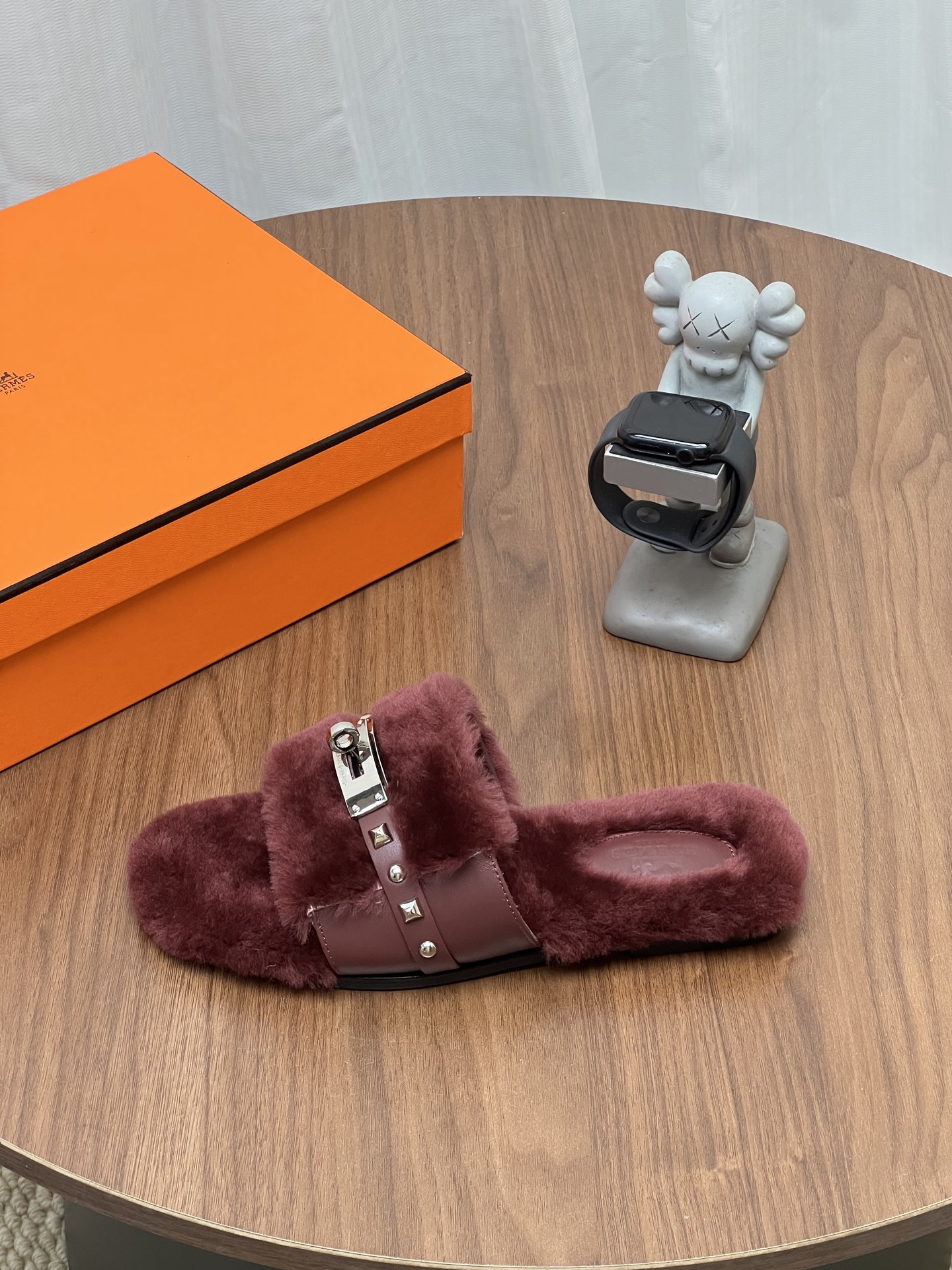Hermes Burgundy Fuzzy Buckle Slide Sandals