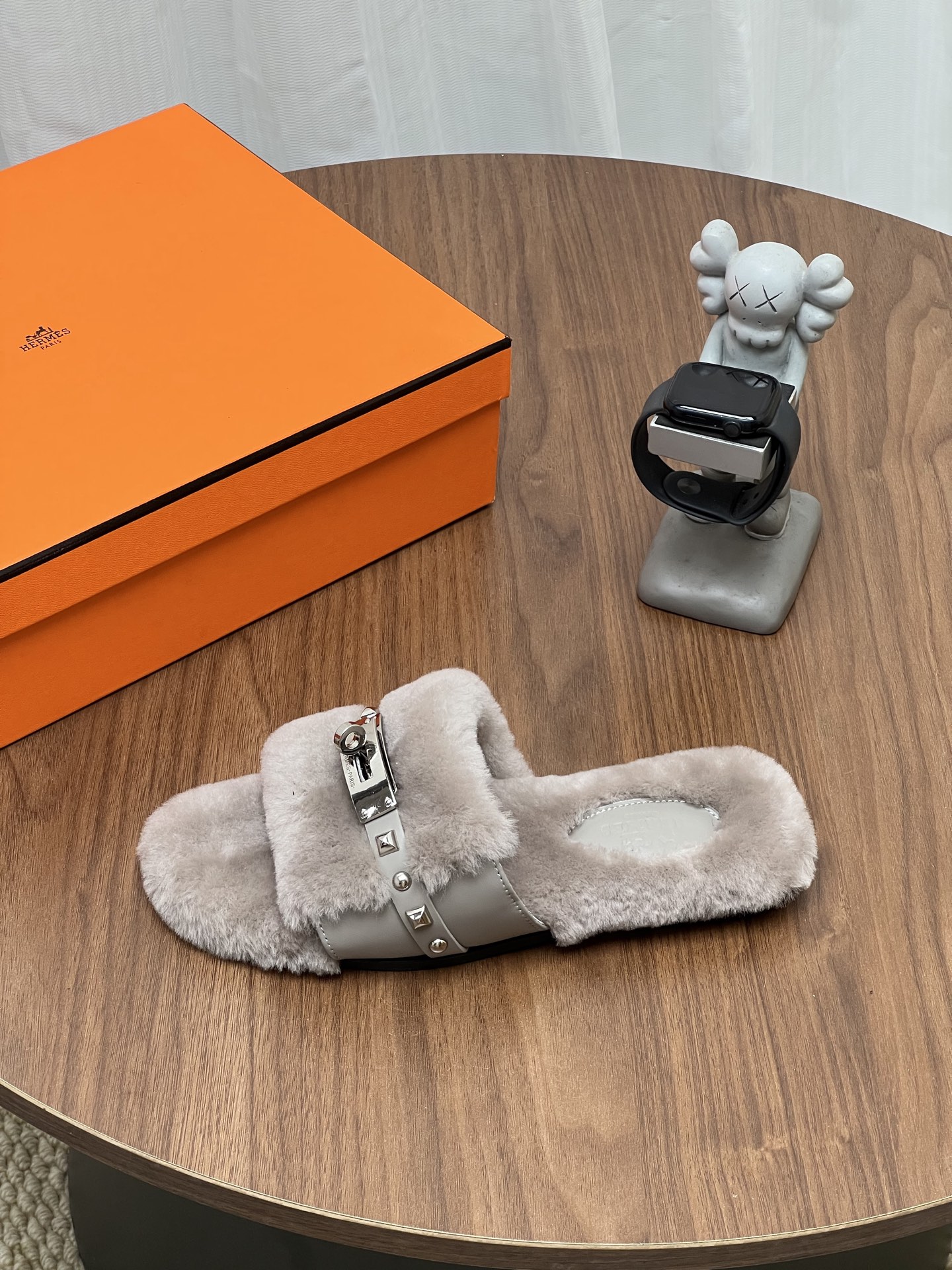Hermes Gray Fuzzy Buckle Slide Sandals