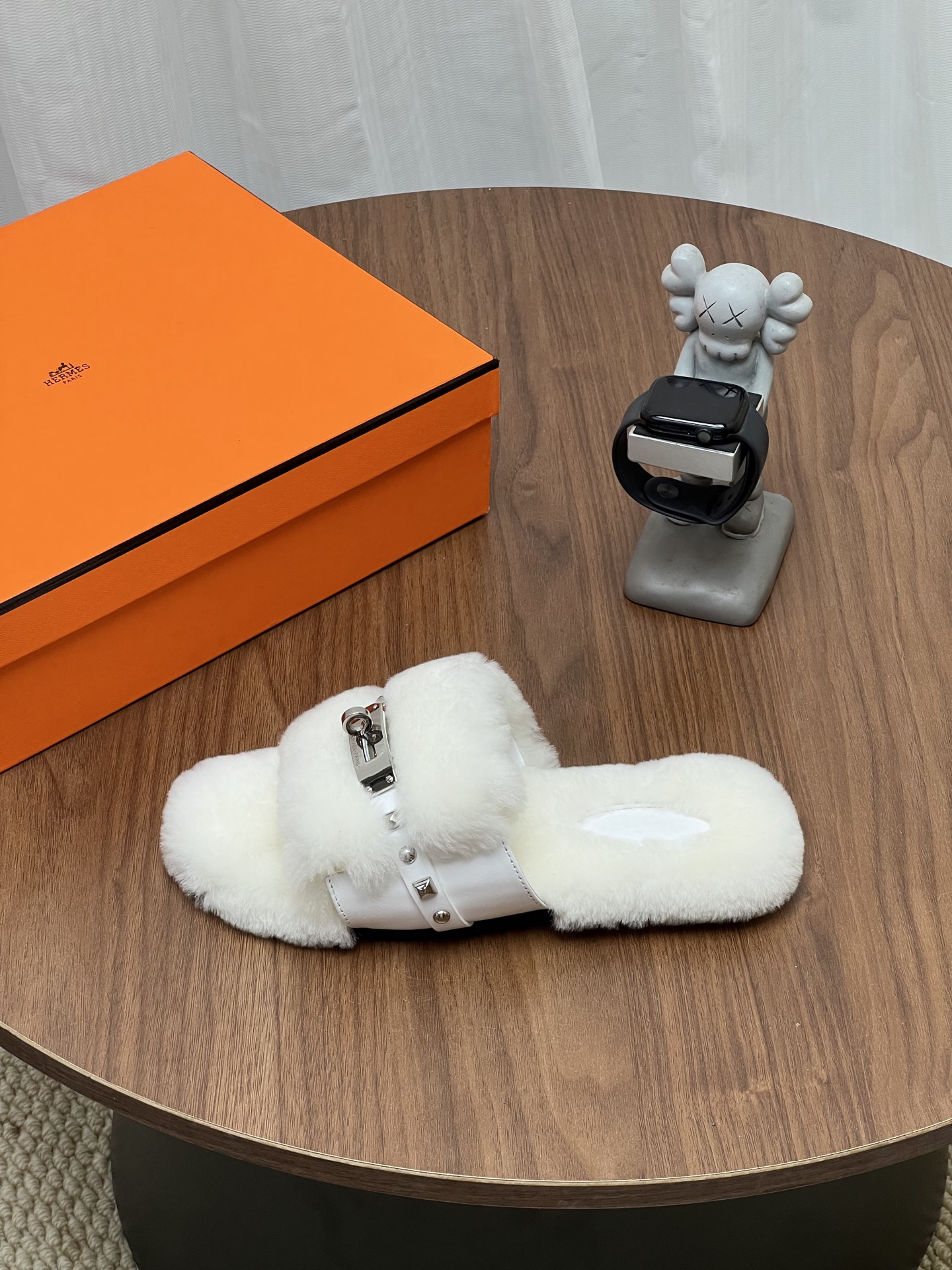 Hermes White Fuzzy Buckle Slide Sandals