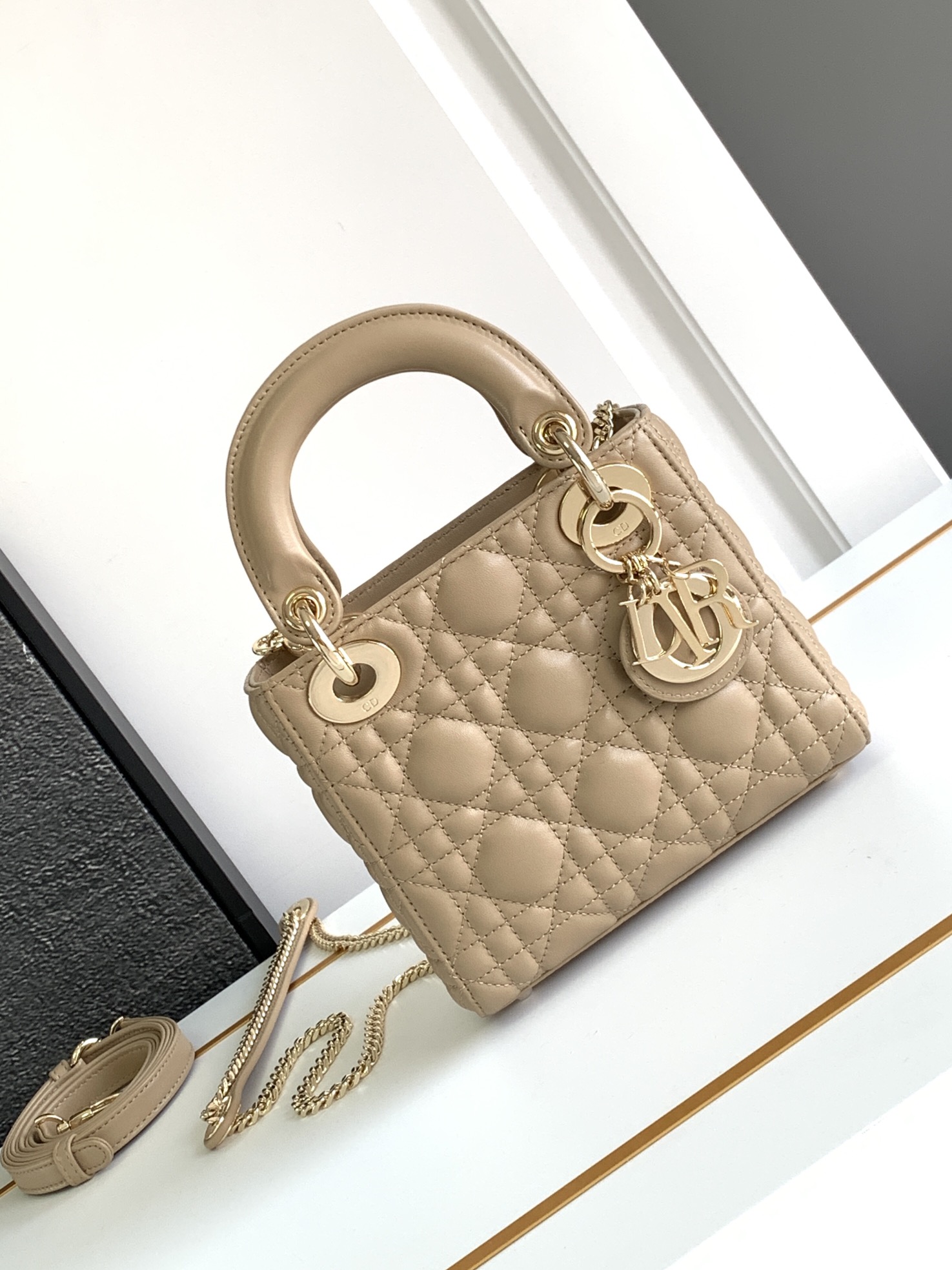 Lady Dior Bag Biscuit Color Lambskin Cannage Chain Shoulder Strap