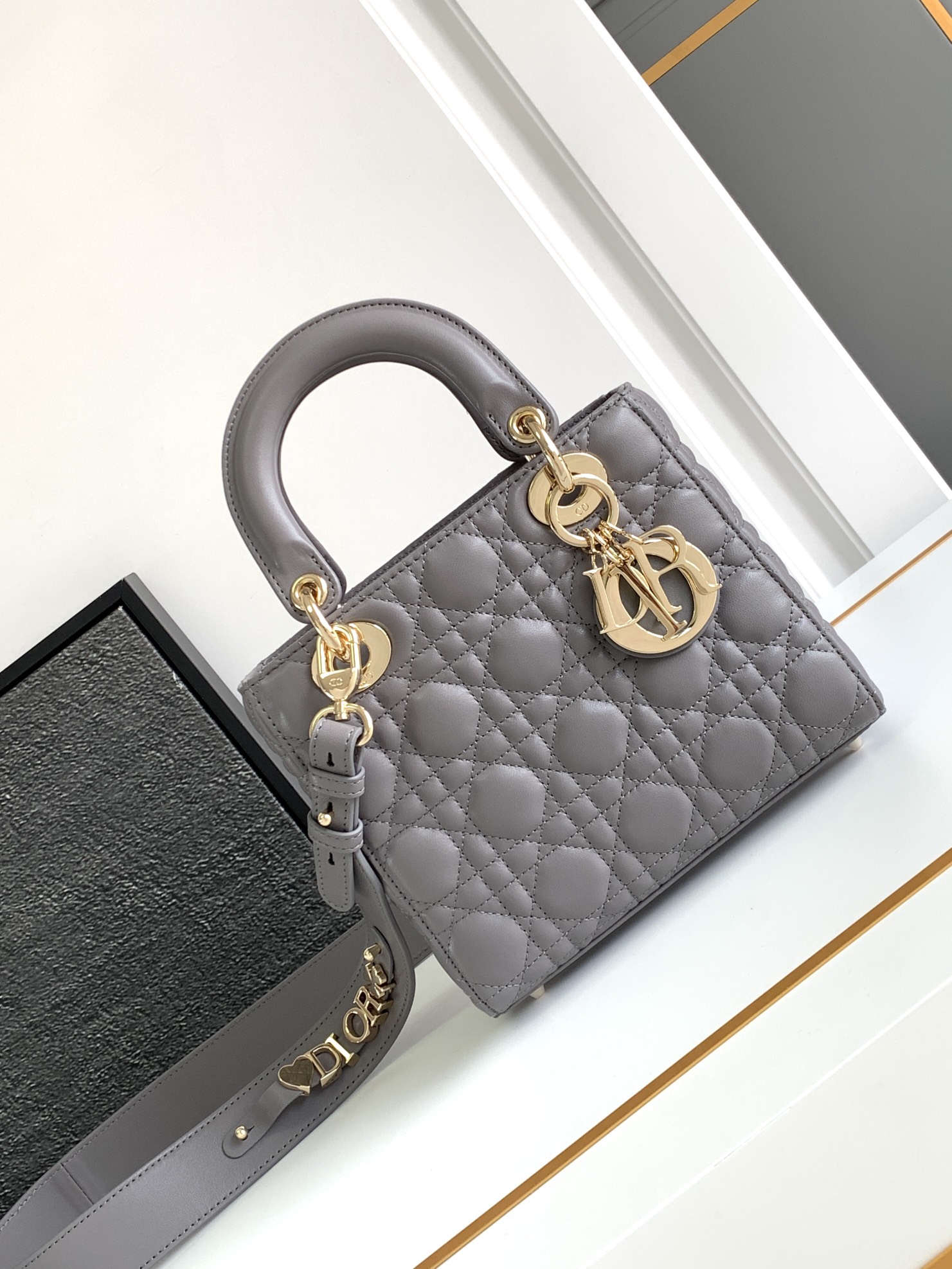 Lady Dior Bag Elephant Grey Lambskin Cannage Top Handle Crossbody