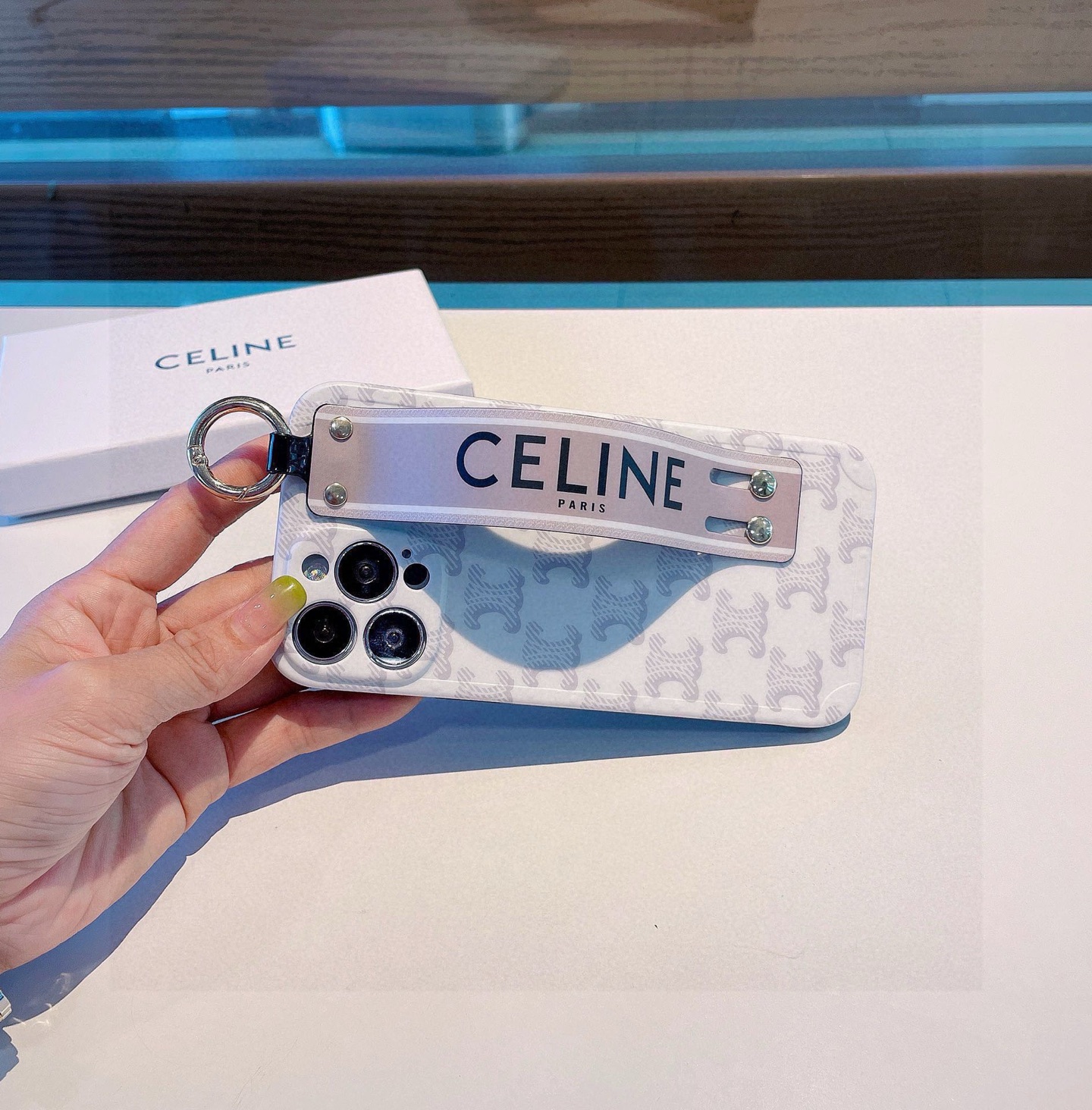 Celine Polka Dot Frame Wrist Strap Phone Case for iPhone 13/14/15 Series 9 i1749811593540 5040 0 7