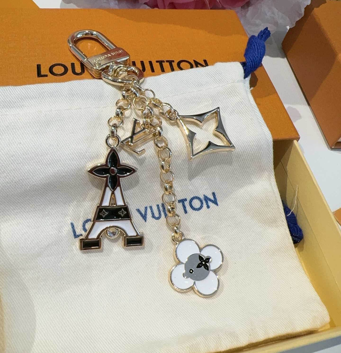 
 🆕 Lv包饰与钥匙扣 包包挂件
LV 巴黎铁塔精巧链条四叶草铭牌装饰，与小号尖瓣 Monogram 