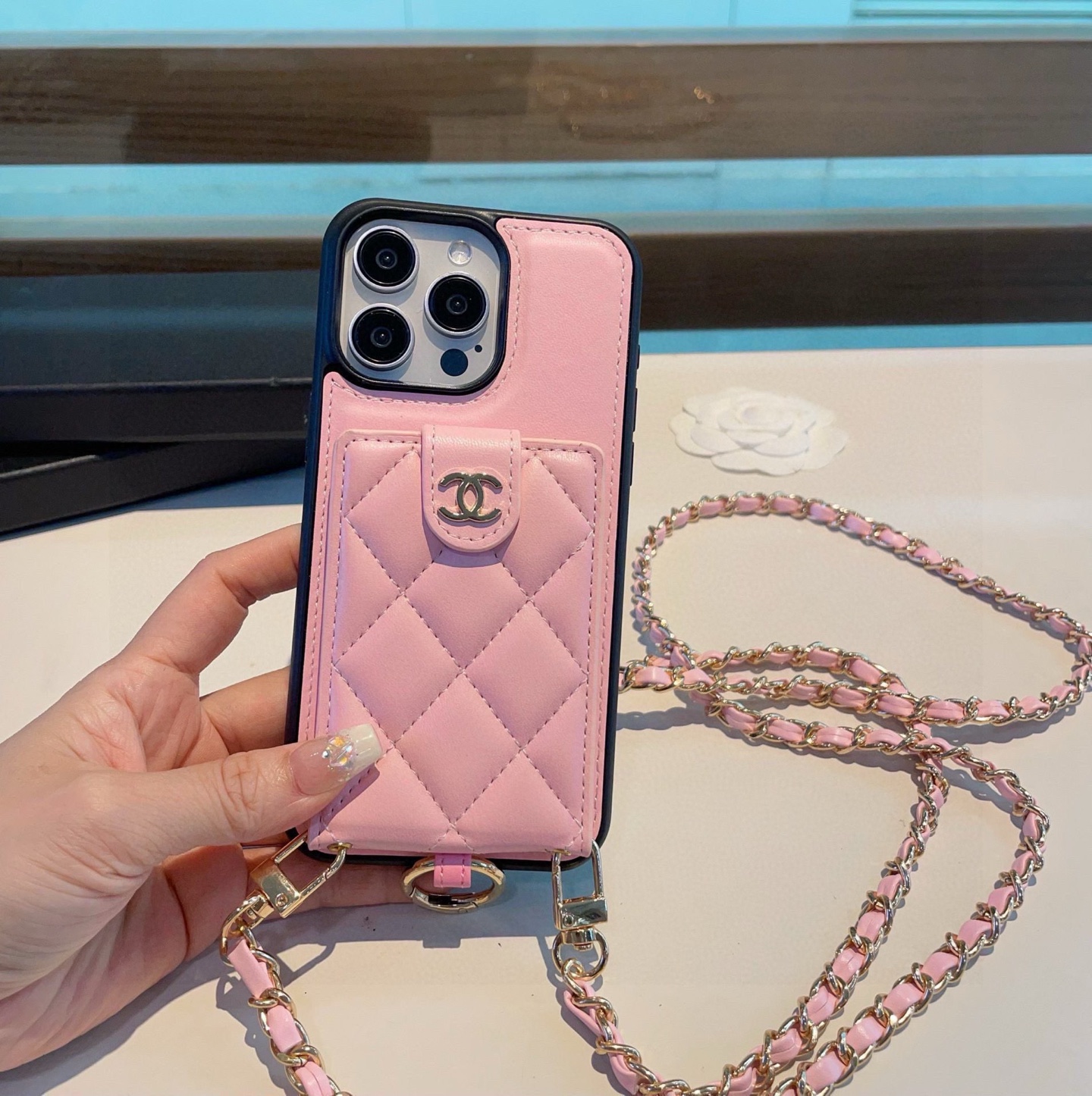 Elegant Chanel Inspired Card Holder Phone Case with Crossbody Chain for iPhone 14 6 i1751986052745 760 0 4