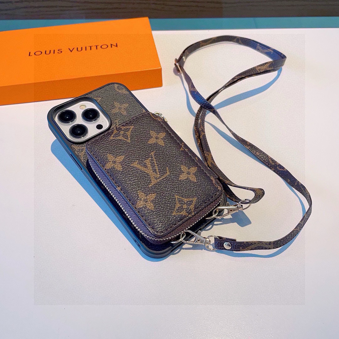 Louis Vuitton Monogram iPhone Case with Card Holder and Adjustable Strap