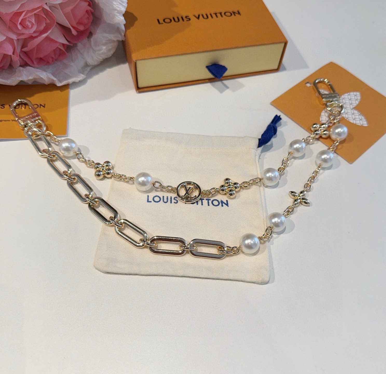 Louis Vuitton Figaro Key Chain Bag Charm Belt Chain with Brass and Pearl