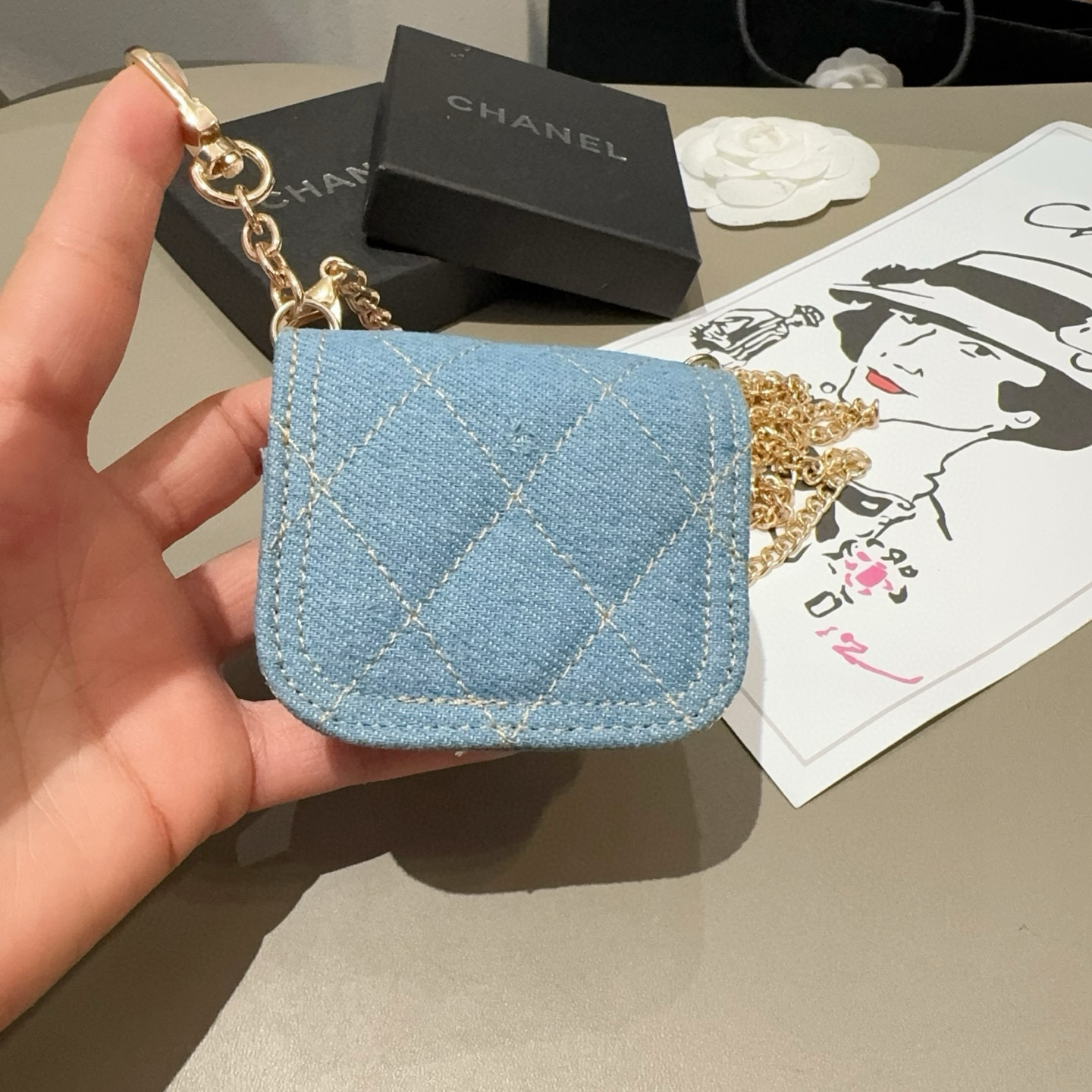 需斜挎⛓️链条另➕5🔥香奈儿蓝牙耳机包，牛仔耳机包挂饰 通用尺寸7.3*6.5*3cm