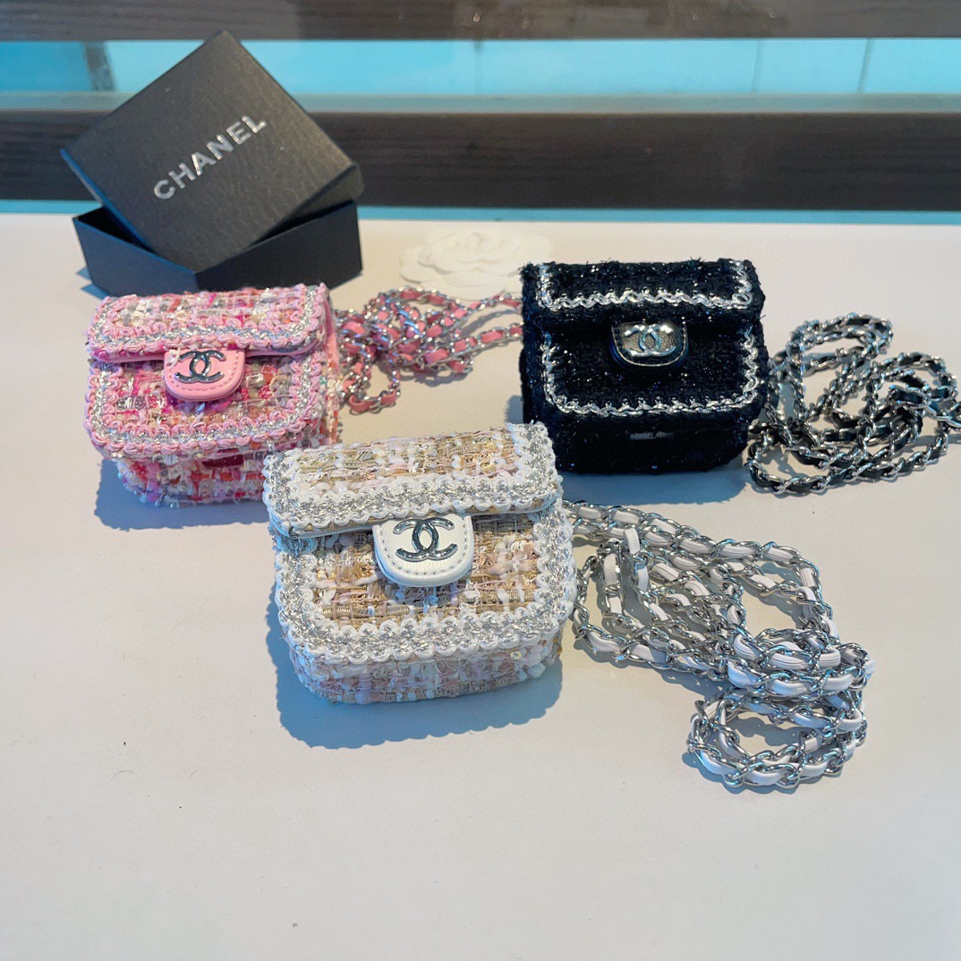 ❤️香奈儿CHANEL mini斜挎包包 粗花呢通用耳机包💥官网1:1耳机包 时尚迷你包包，配链条⛓️挂