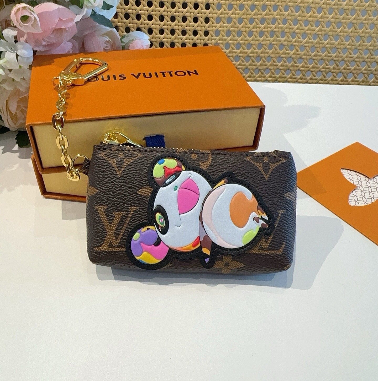 LV村上隆合作款熊猫零钱包卡包 挂饰☀️Louis Vuitton 路易威登lv钥匙扣钥匙包卡包PU材质 原版logo 