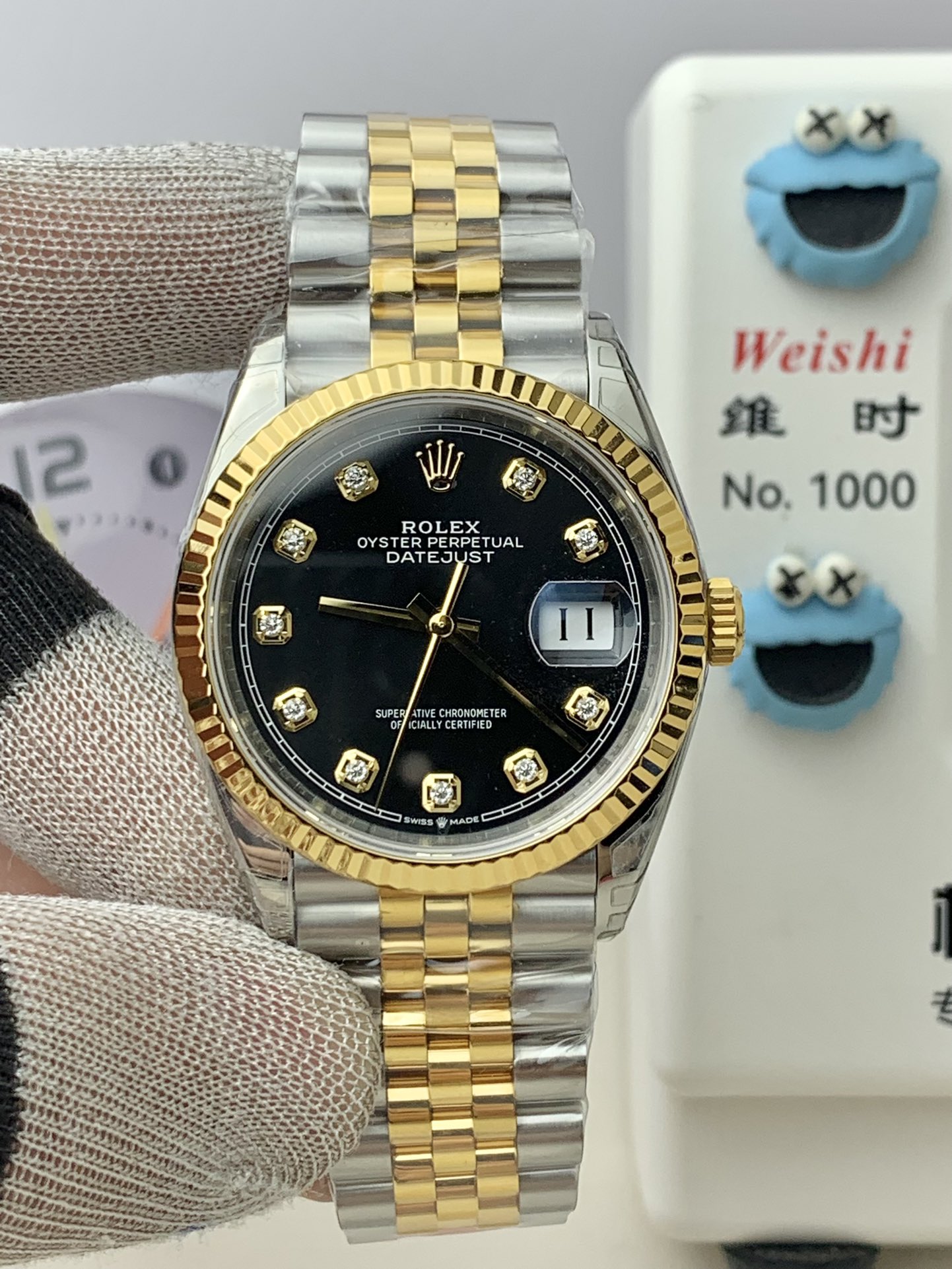 NO:158791,VS new style gold diamond nail black disc log 36mm!  !  ,19860909VS 新款 间金钻钉黑盘日志 36mm！！,,Watch