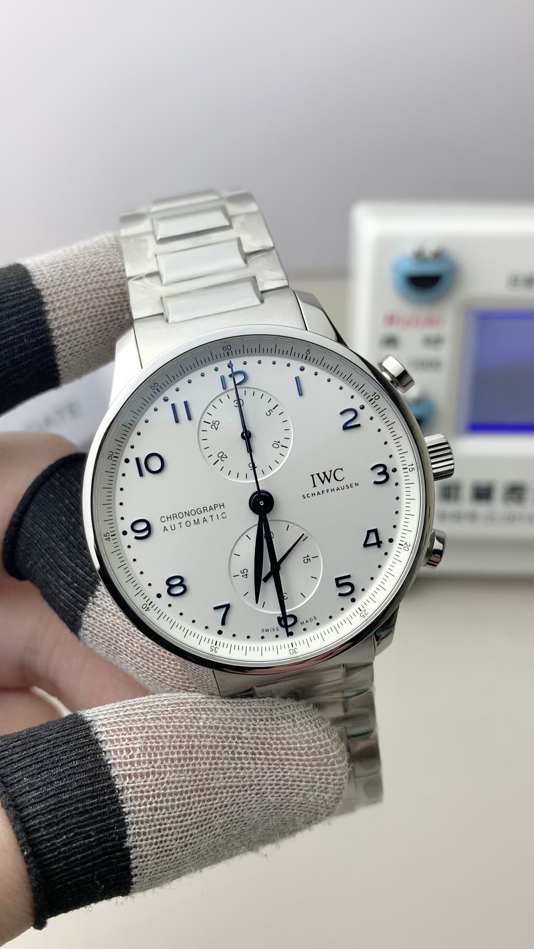 ZF IWC Portuguese Chronograph with steel bracelet, white dial, blue hands, Dandong 7750 movement!