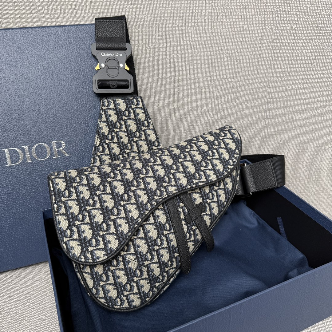 Dior Oblique Canvas and Black Grained Leather Saddle Bag with Buckle Detail