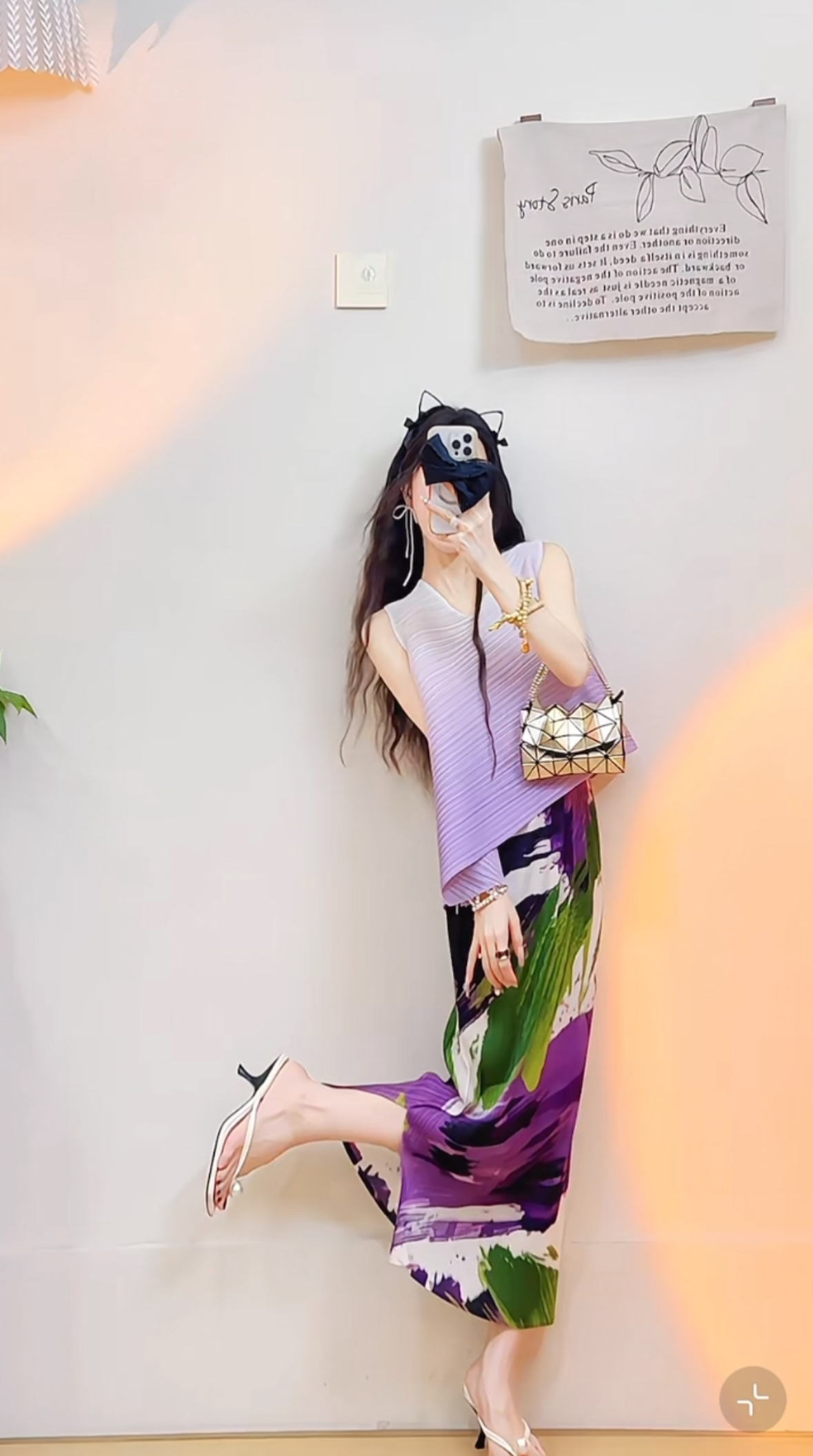 High-End Quality Women’s Outfit: Purple-Printed Semi-Skirt Suit with Three Houses for Life - 图片 3