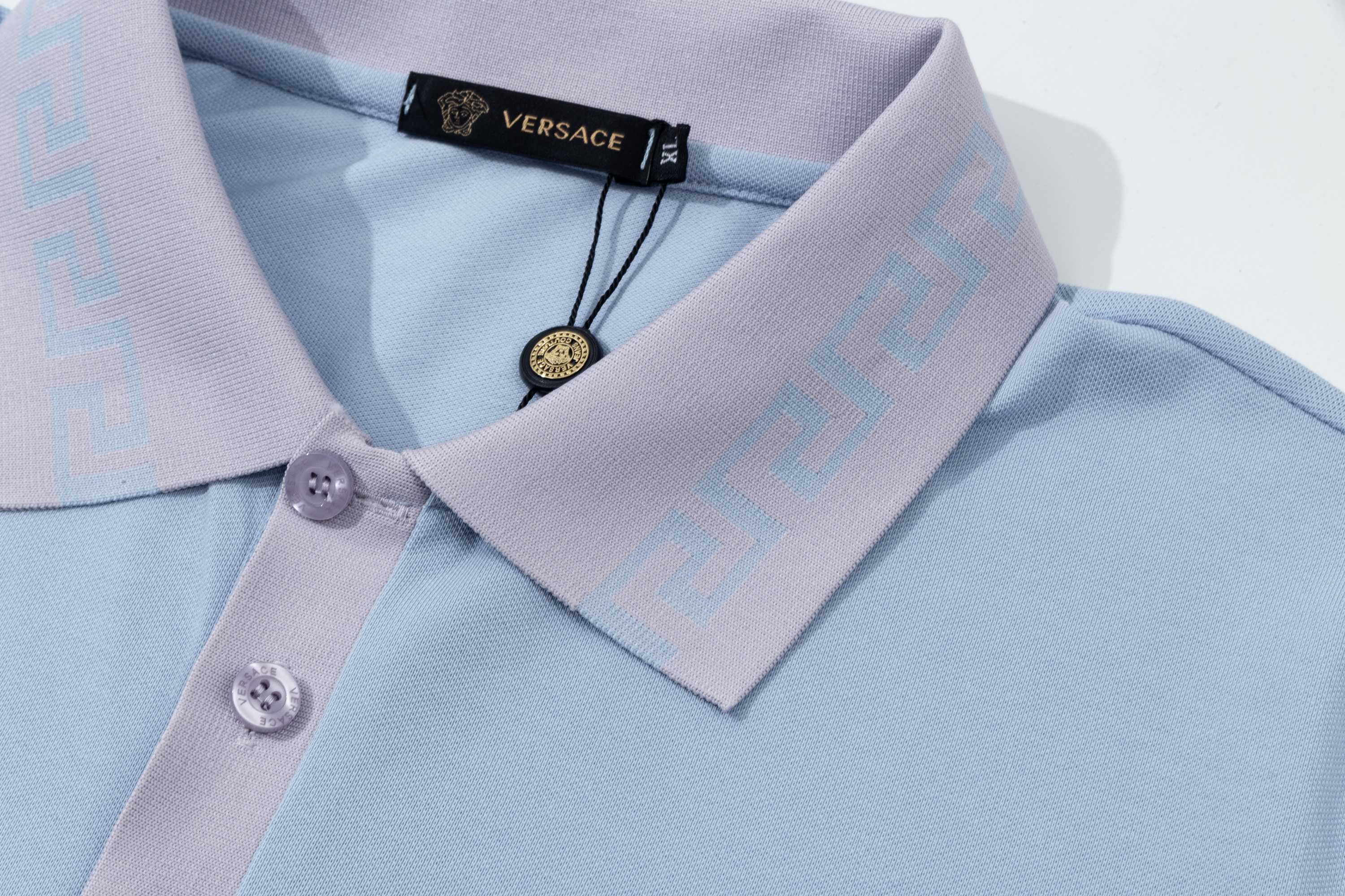 High-Quality Versace Polo Shirts with Gorretex Logo Buttons in White and Light Blue. - 图片 5