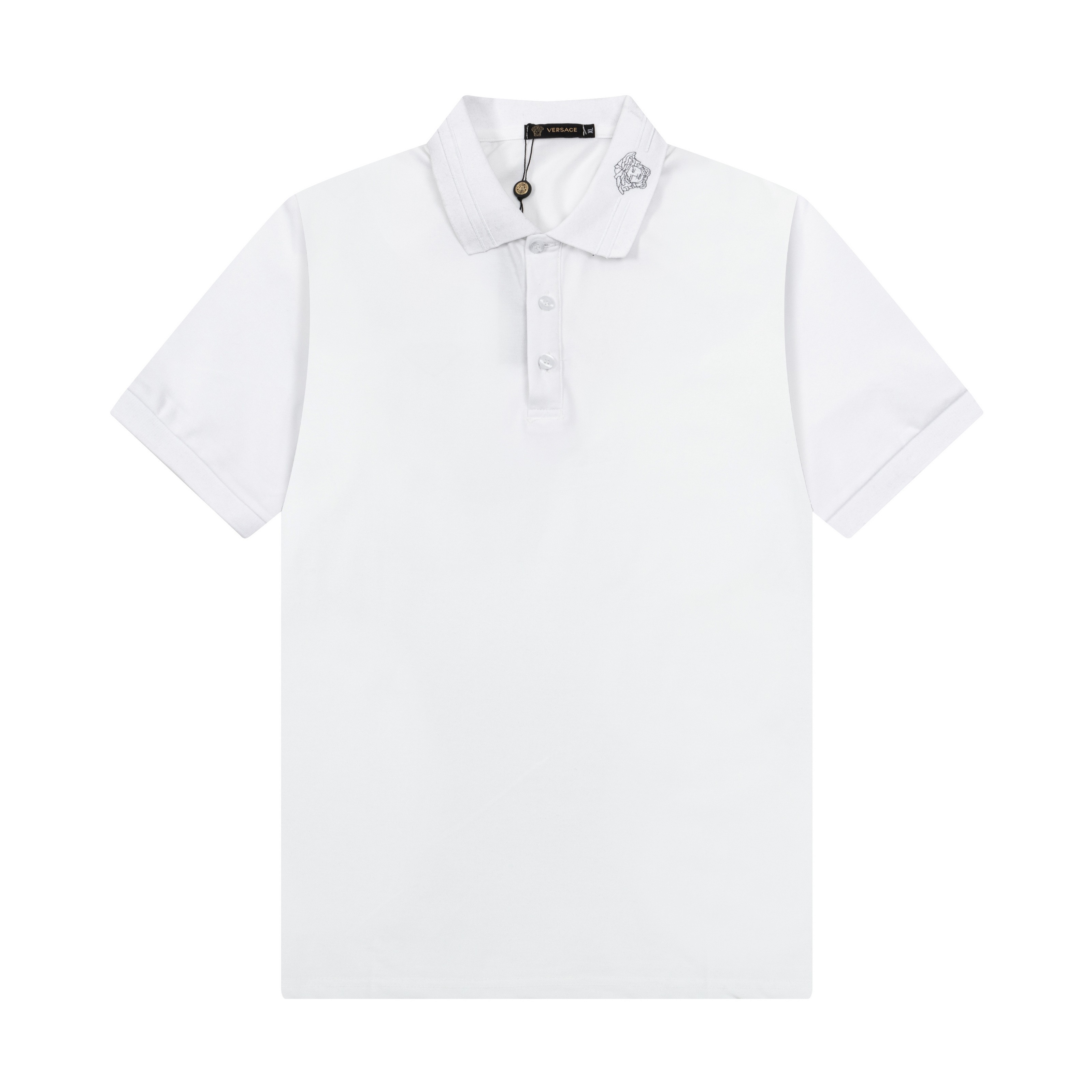 High-quality Versace POLO shirts with Gorretex logo buttons in white and black, 2025 collection.
