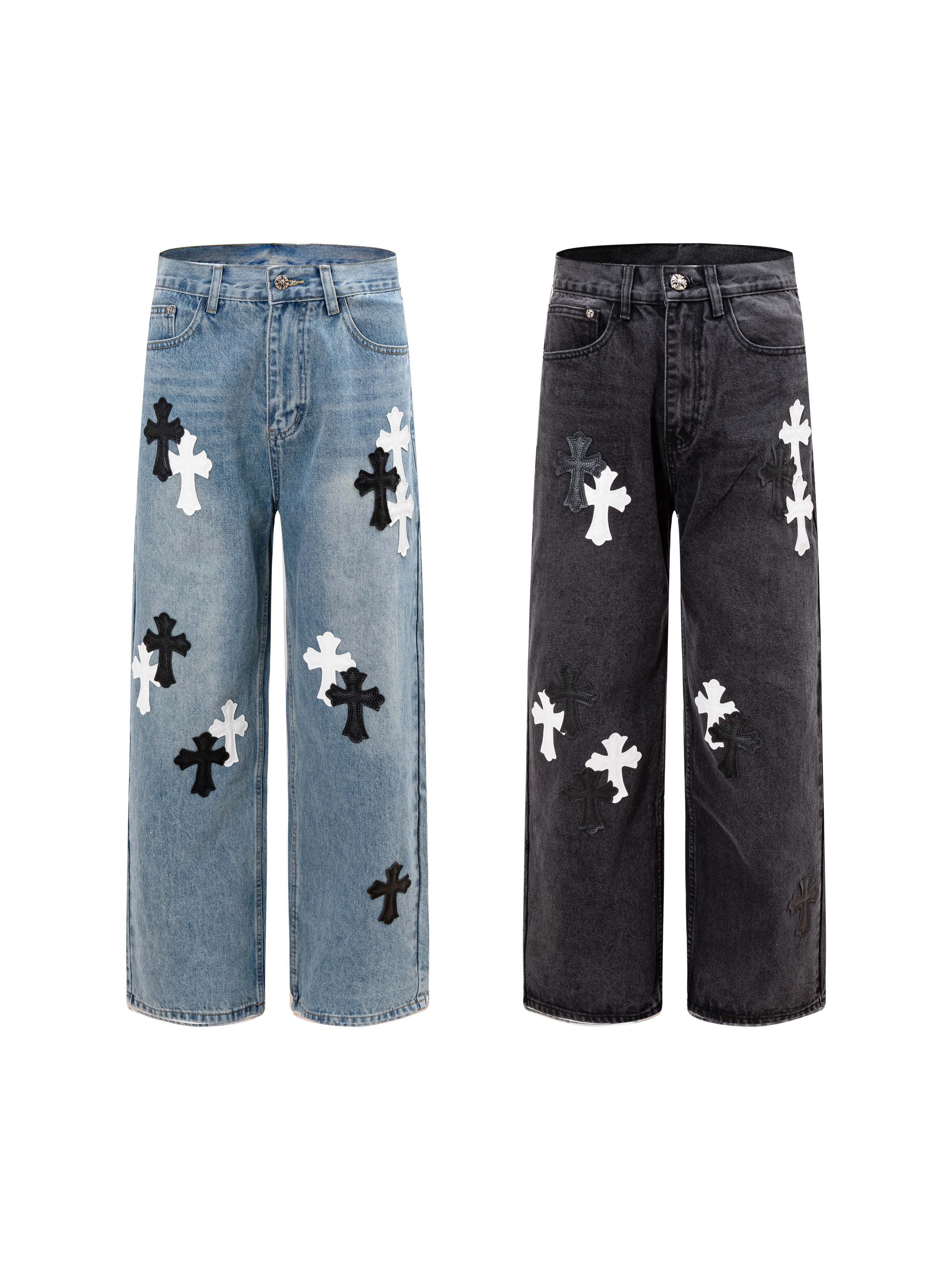 Chrome Hearts Black Cross Patch Wide Leg Jeans