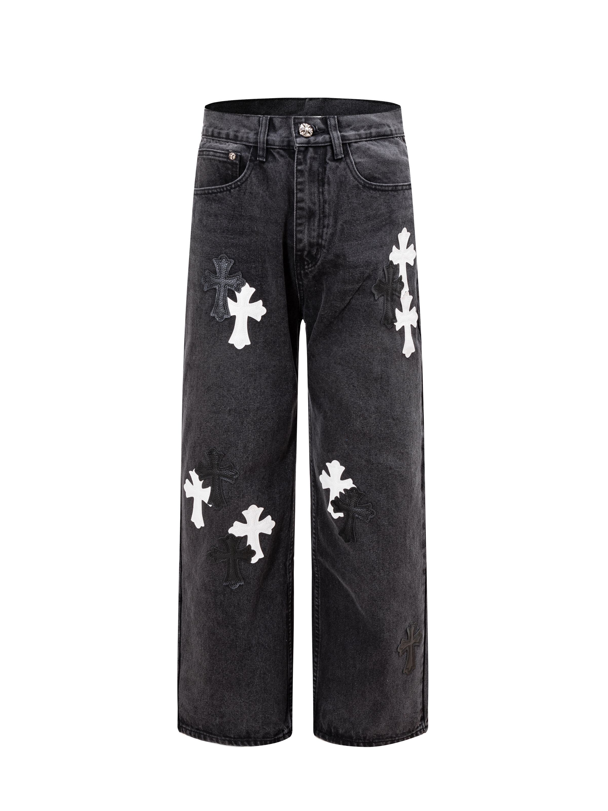 Chrome Hearts Black Cross Patch Wide Leg Jeans