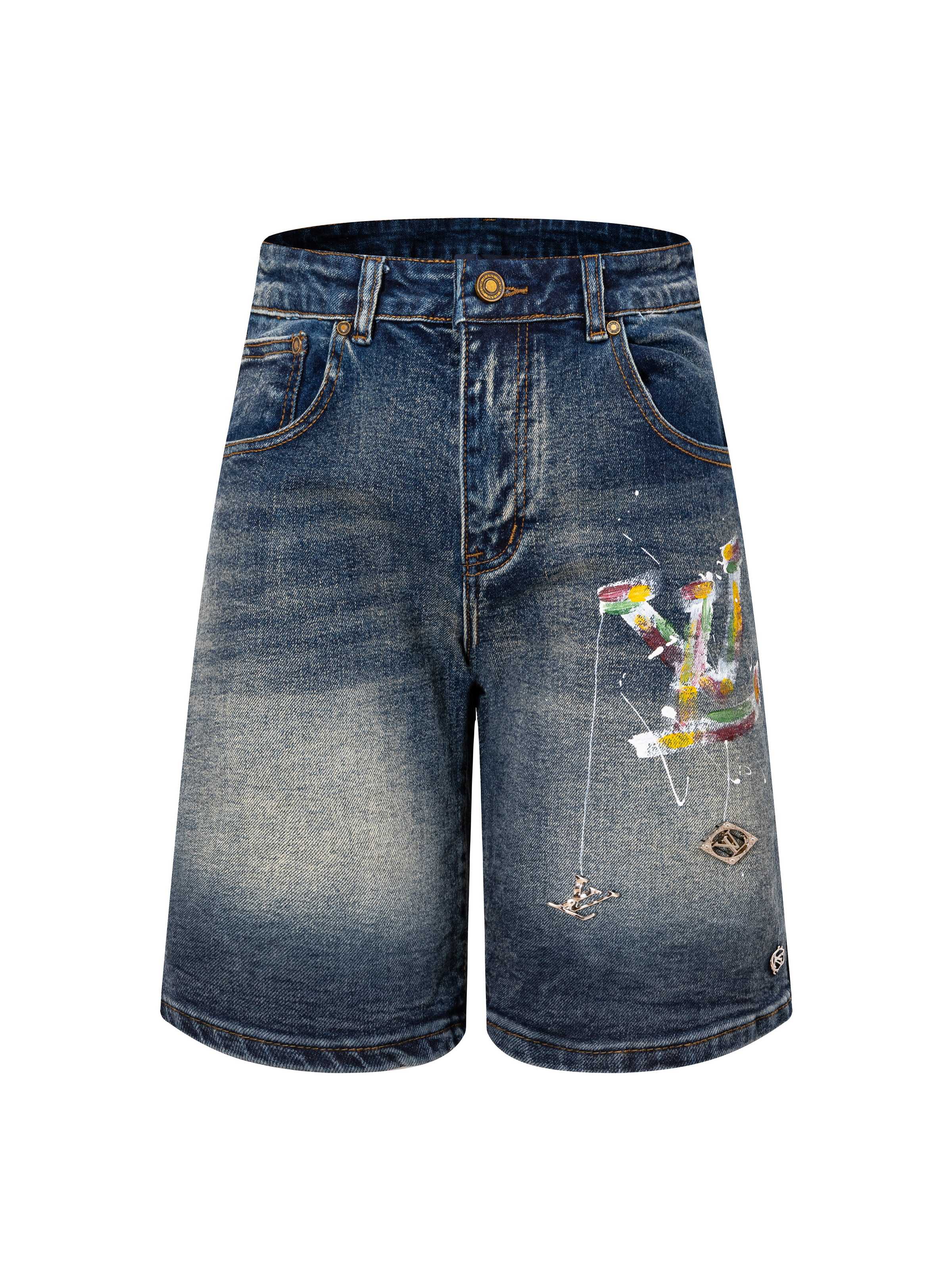 P165 Calidad original LV 2026 Pantalones cortos de mezclilla de tela personalizada, con tela de hilo plateado de alta g…