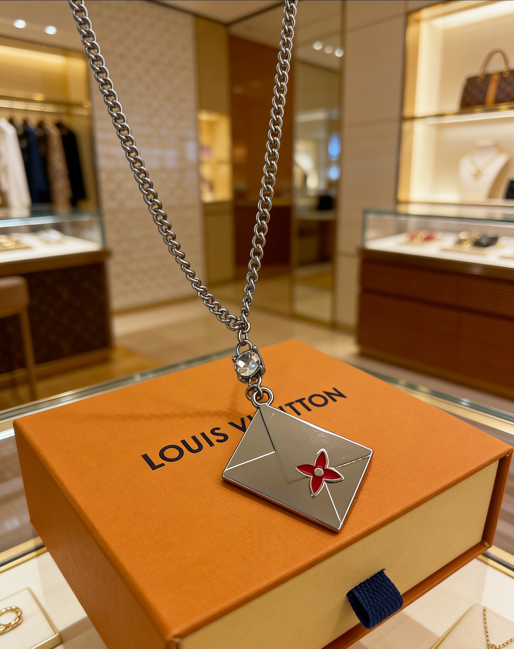 Louis Vuitton 1V银色信封珐琅花卉吊坠项链