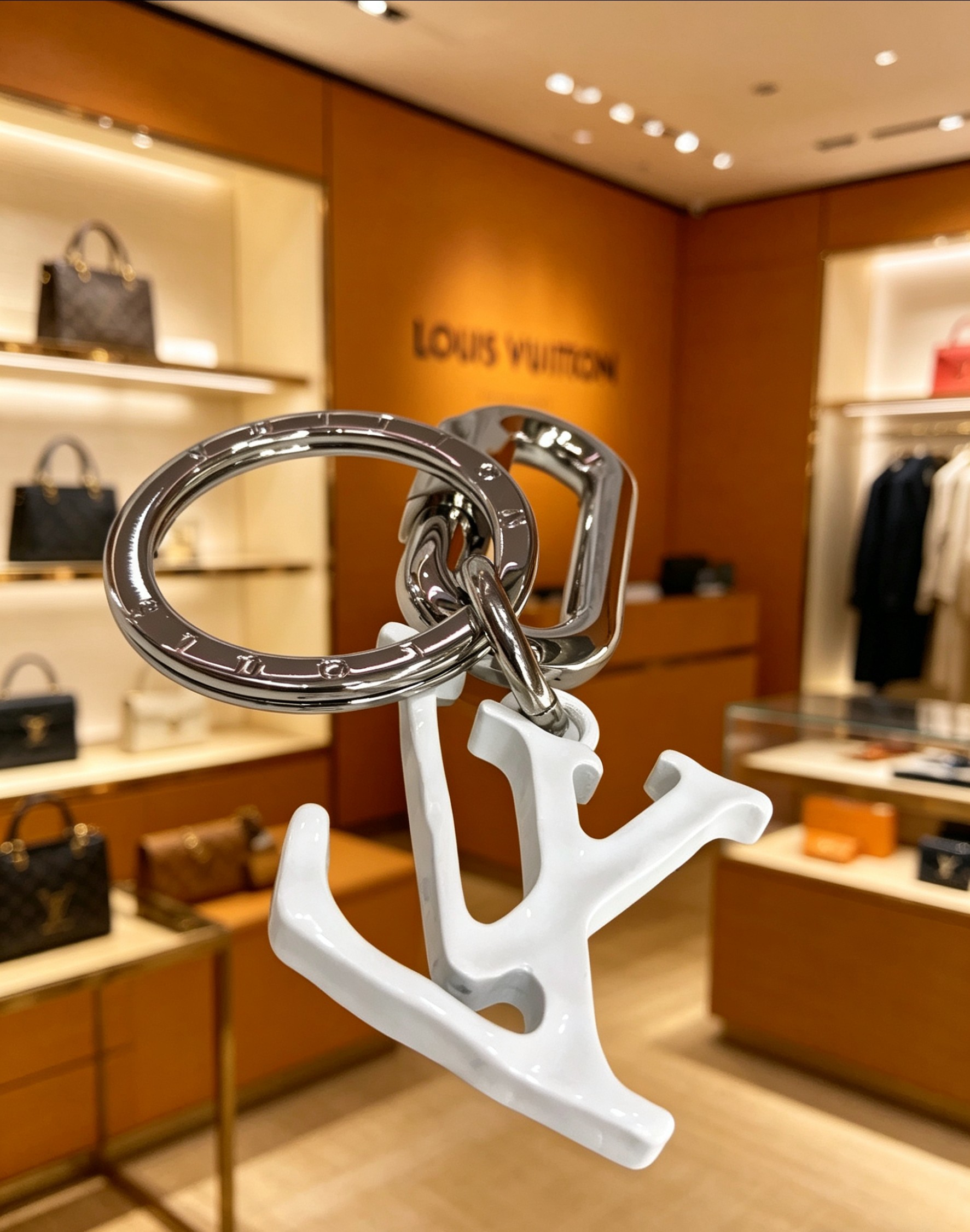 Louis Vuitton 本季腰带上的醒目搭扣化身为 1V Shape 包饰与钥匙扣 是一款标新立异的品牌标识