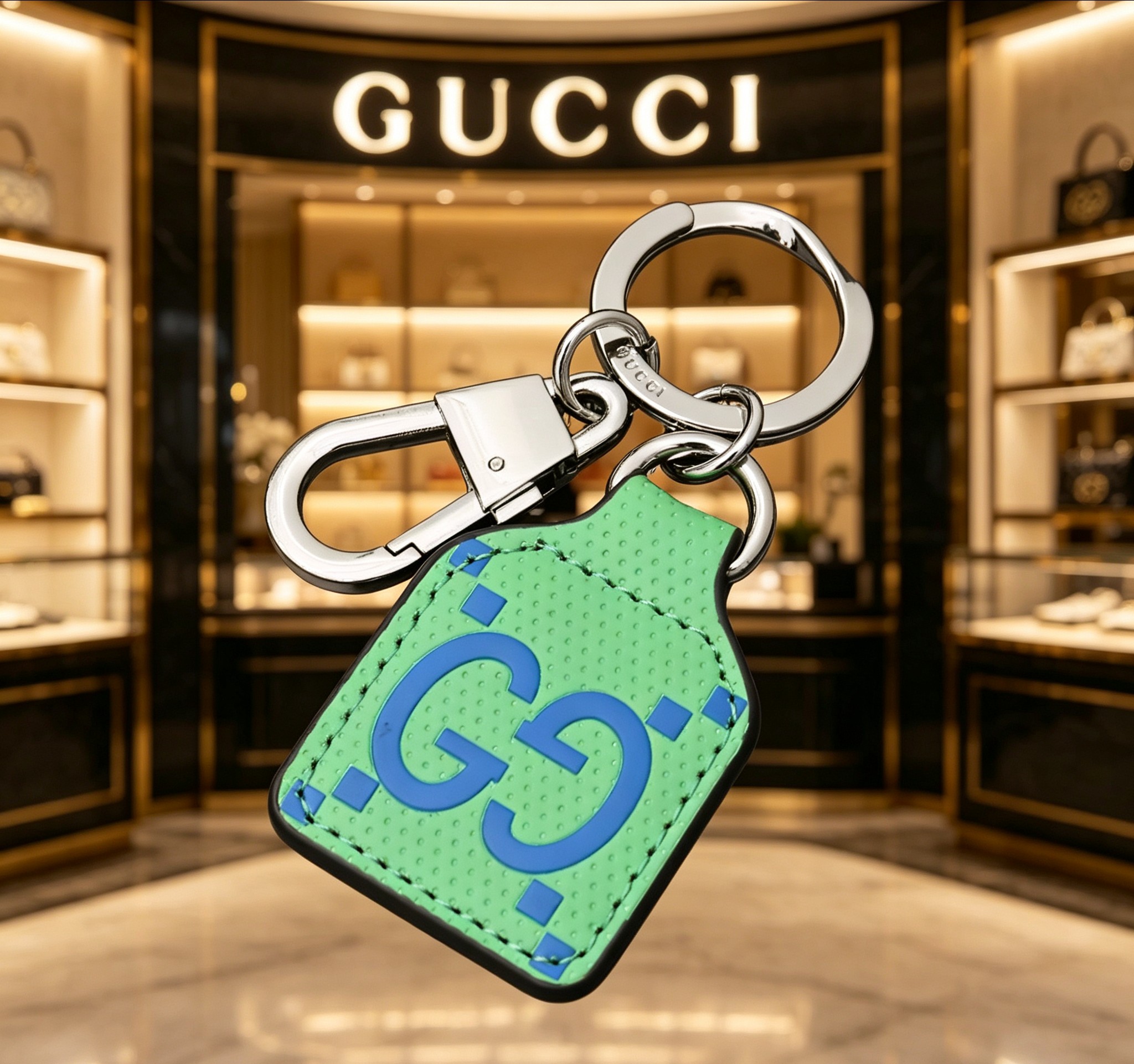Gucci 古驰Gucci 双G绿蓝标签造型钥匙扣