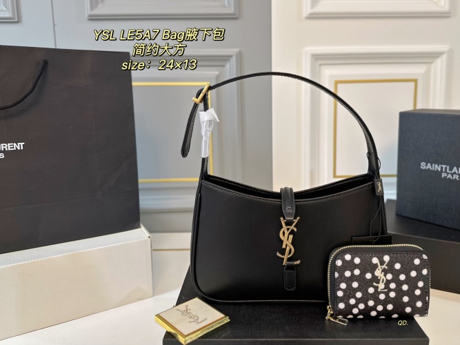 Yves Saint Laurent LE5A7 Black Leather Shoulder Bag with Gold Logo 1 Yves Saint Laurent LE5A7 Black Leather Shoulder Bag with Gold Logo