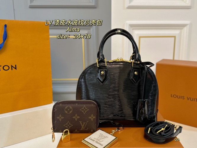 Louis Vuitton Alma BB Lakleer Handtas Zwart met Golfpatroon, 24x18 cm 1 Louis Vuitton Alma BB Lakleer Handtas Zwart met Golfpatroon, 24x18 cm