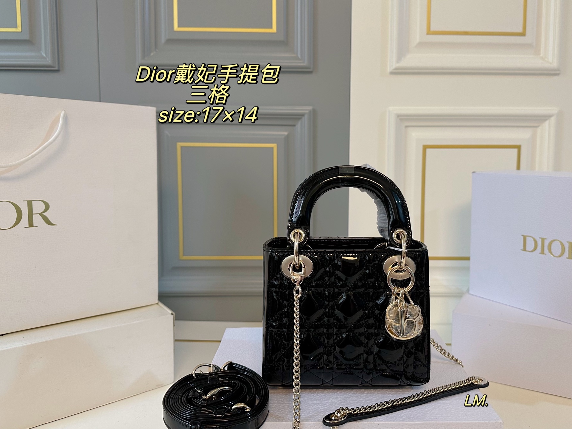 P195 三格（折叠盒）升级款

size：17×14
Lady Dior 迪奥戴妃漆皮手提包💕
以藤格纹缉面线打造醒目的绗缝细节，
时髦典雅的设计经久不衰！
斜挎帅气大方，手提精致优雅！
自带氛围感，时尚百搭yyds🖤